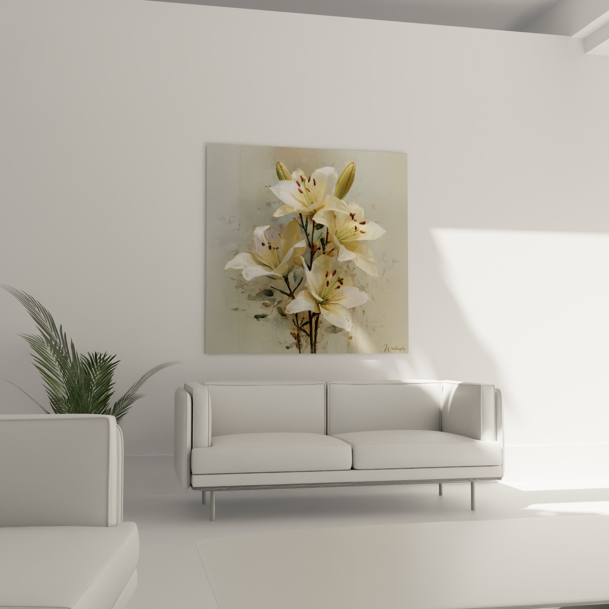 Fleurs de lys ivoire et boutons verts installées au-dessus d'un canapé dans un salon lumineux