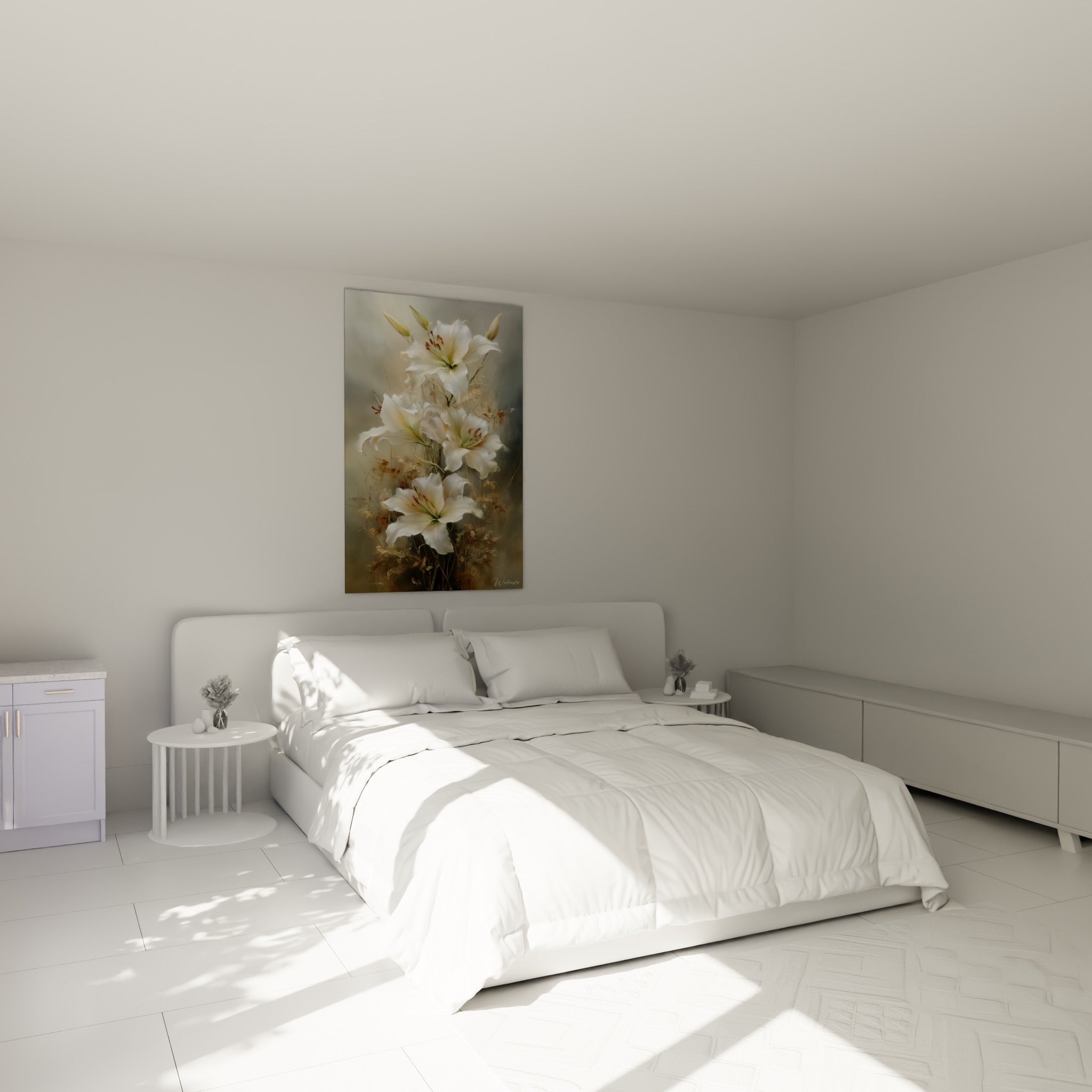 Bouquet de lys ivoire et ocre accroché au-dessus d'un lit dans une chambre claire