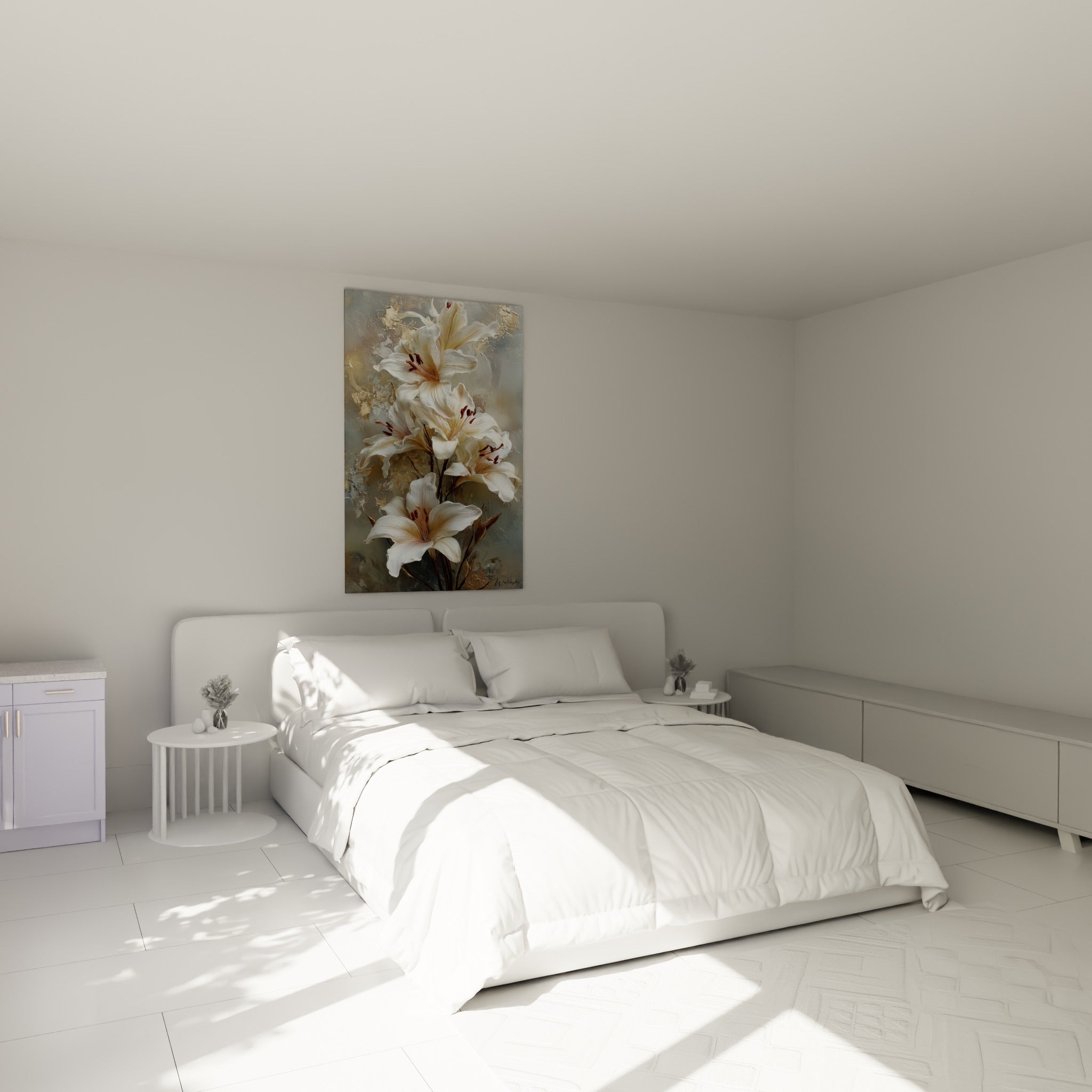Bouquet de lys ivoire et or déployé au-dessus d'un lit dans une chambre claire