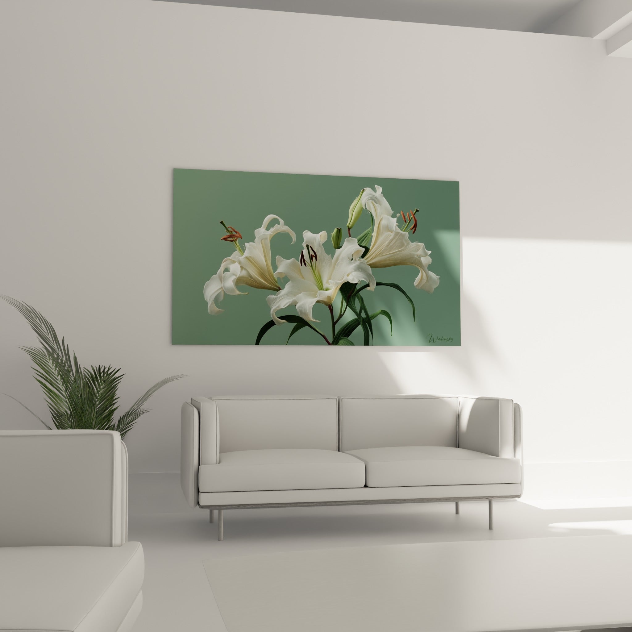 Bouquet de lys ivoire et étamines brunes disposé au-dessus d'un canapé dans un salon lumineux
