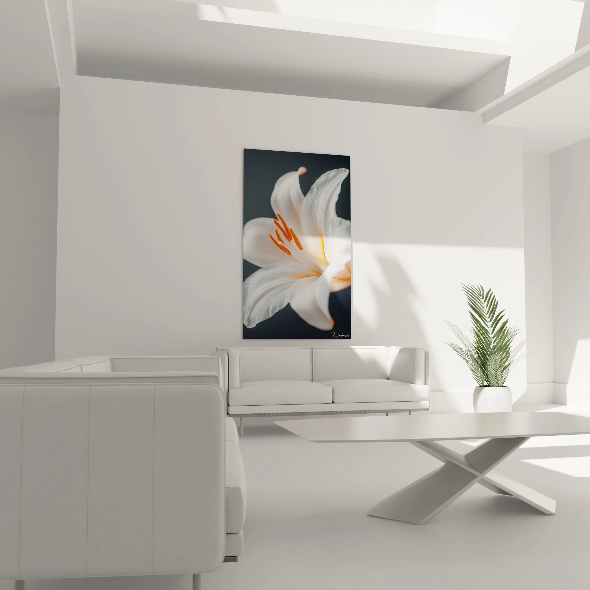 Un tableau Lys nature présentant un lys blanc, dont les pétales aux courbes douces contrastent avec les étamines orange. Le fond sombre accentue les teintes claires et vibrantes du lys.