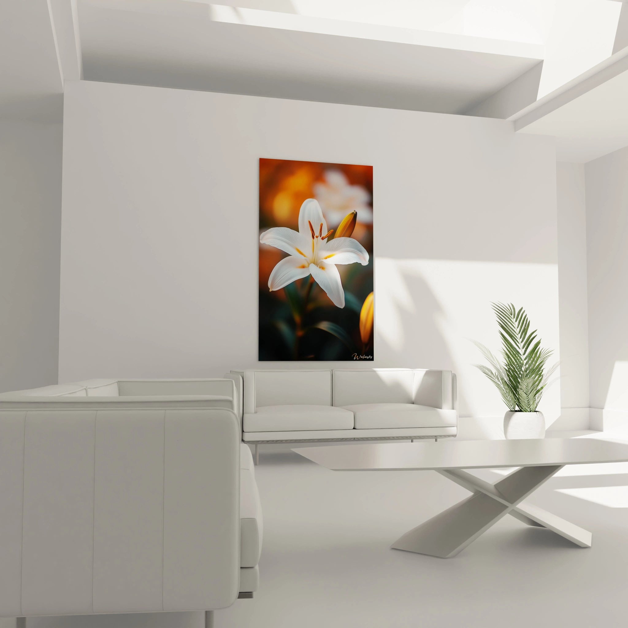 Un tableau Lys nature montrant une fleur blanche épanouie avec des nervures visibles, sur fond chaud et orangé, révélant un contraste net entre pétales et arrière-plan.