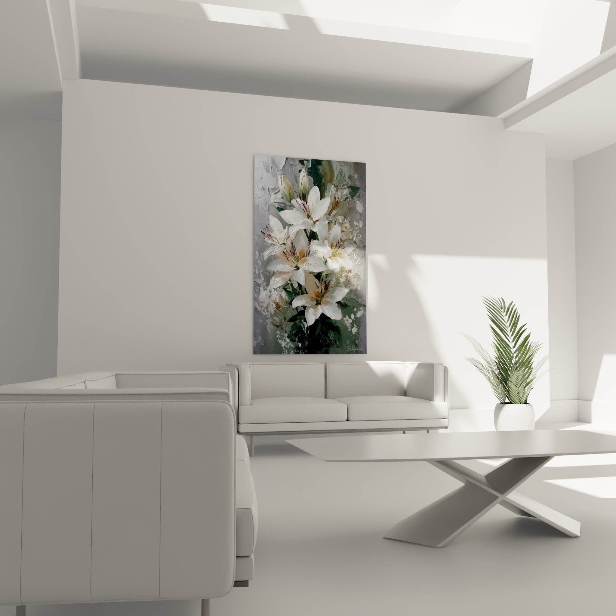 Fleurs de lys blanc et ocre en relief épais placées au-dessus d'un canapé dans un salon lumineux