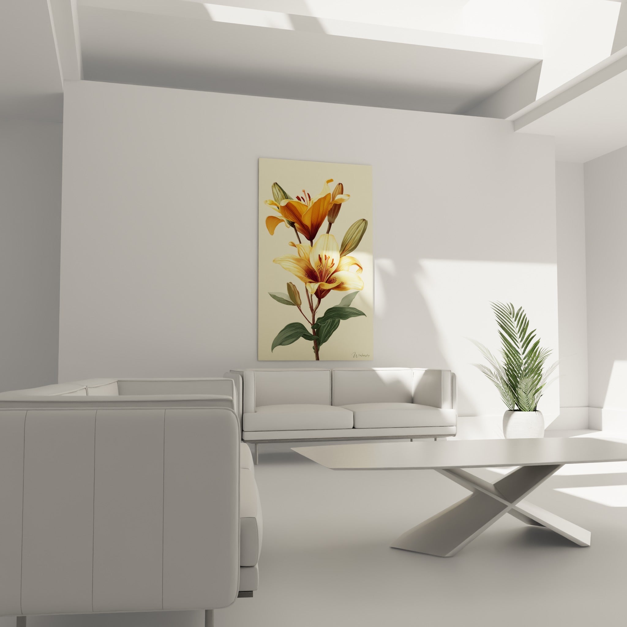 Illustration de lys jaune et brun cuivré placée au-dessus d'un canapé dans un salon lumineux