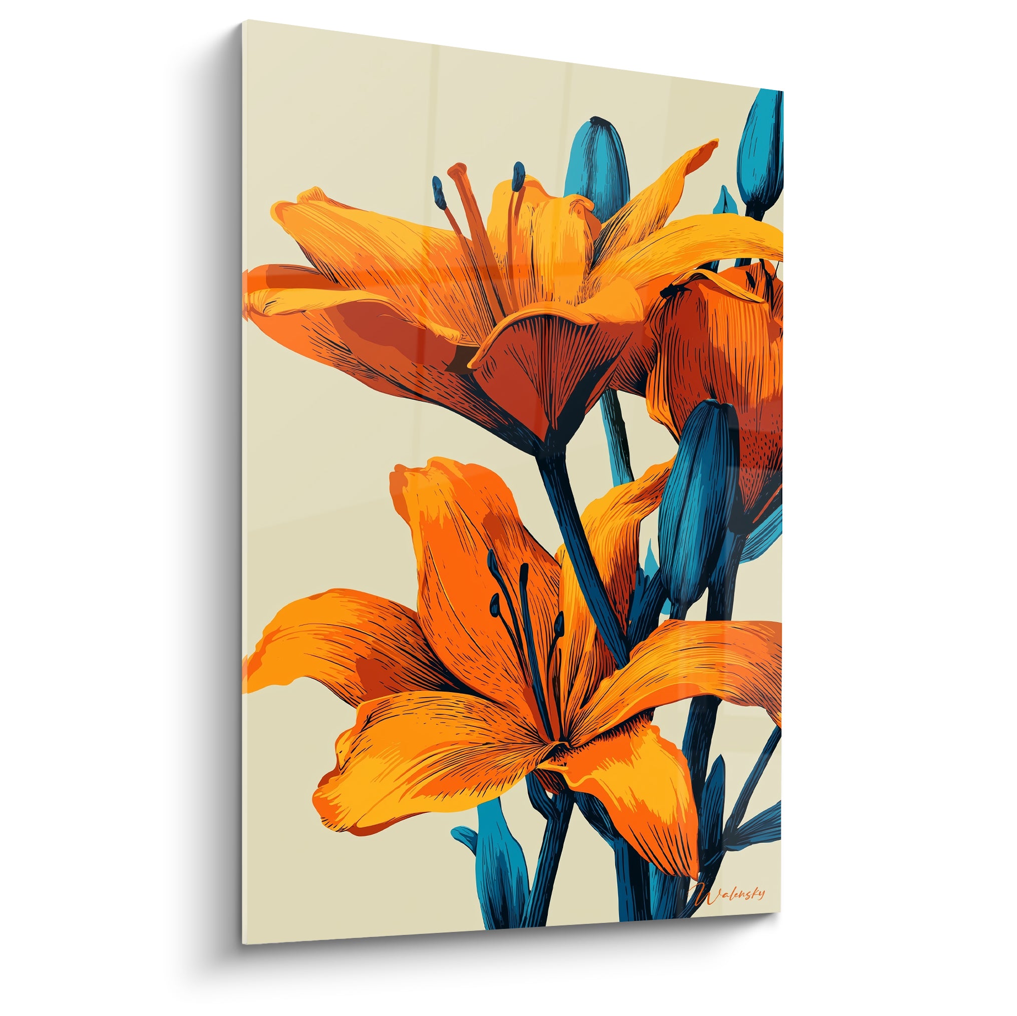 Lys aux pétales orange vif et tiges bleu pétrole sur fond ivoire, style illustratif détaillé
