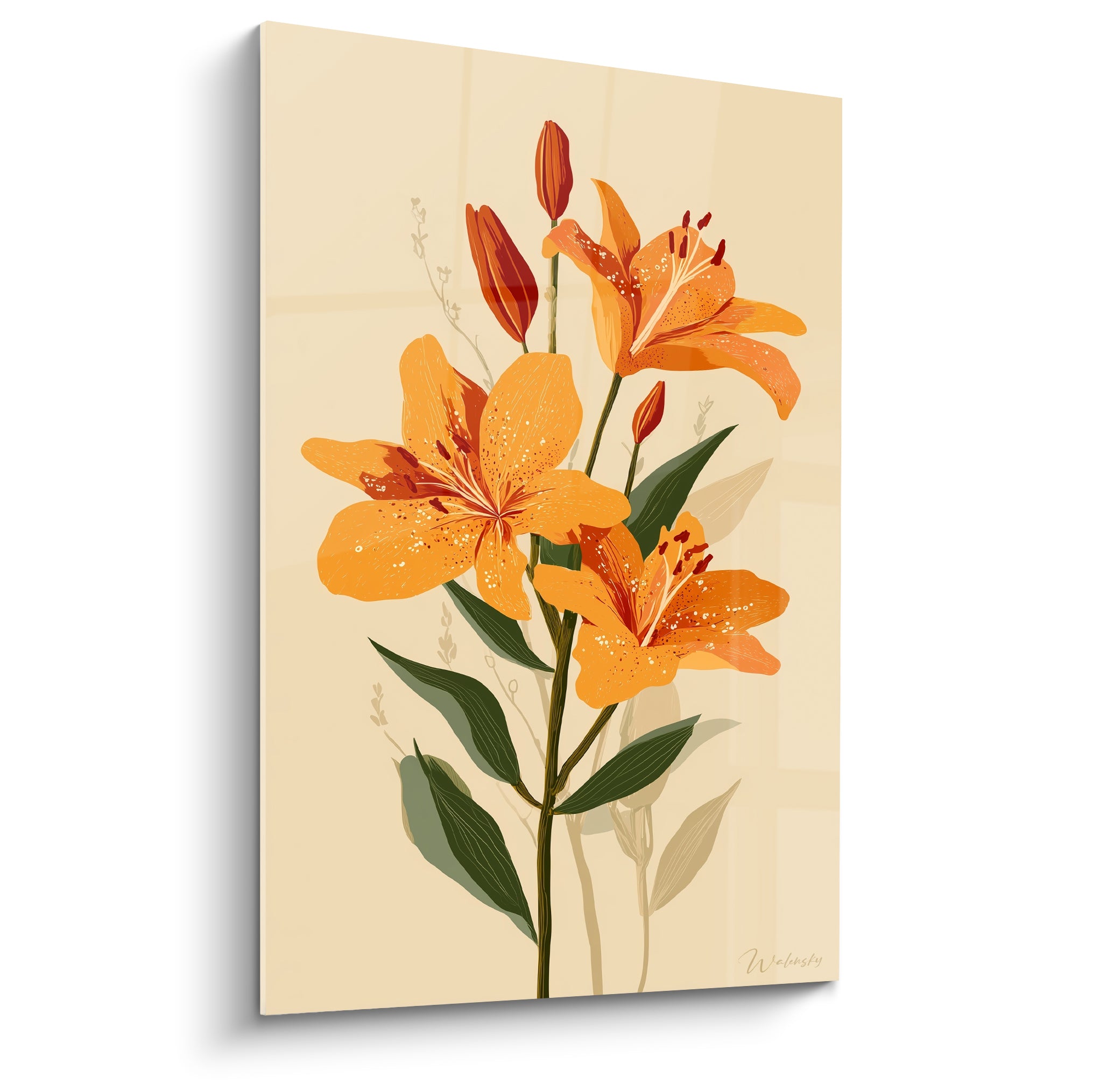 Lys orange aux pétales tachetés et feuilles vertes sur fond ivoire, illustration botanique raffinée
