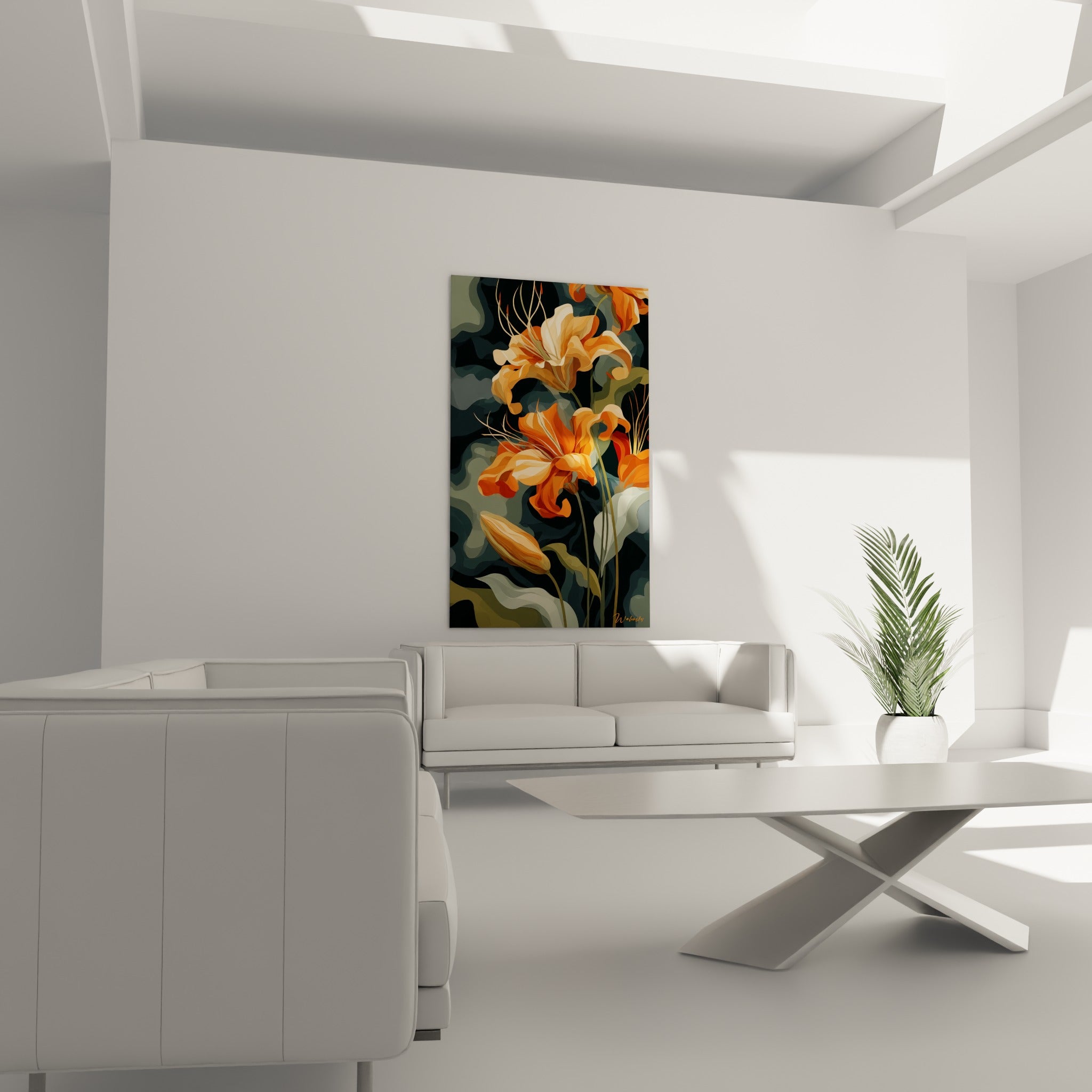 Pétales orange et ocre du lys se découpant sur un fond sombre, au-dessus d'un canapé dans un salon lumineux