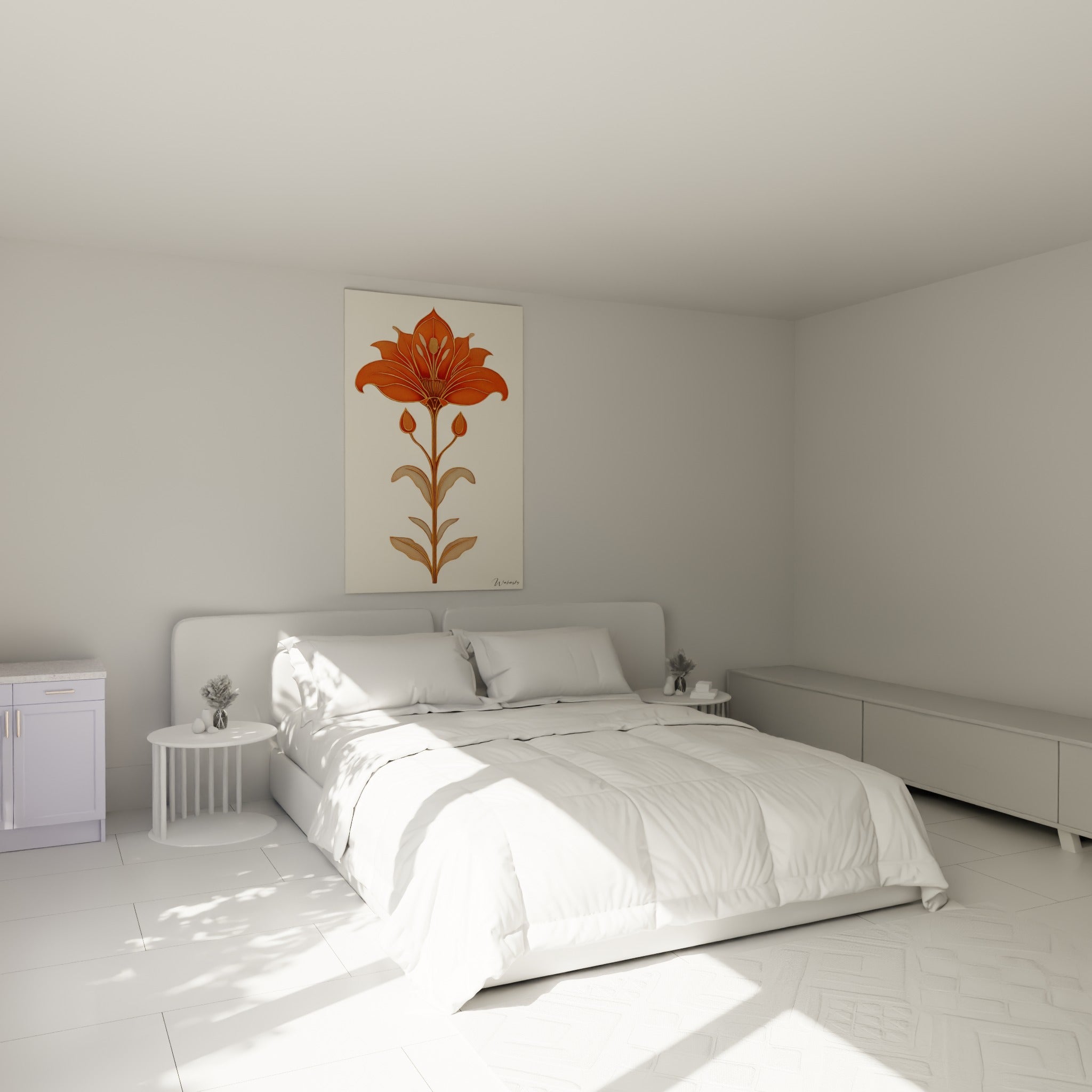 Lys orange et brun aux pétales graphiques accroché au-dessus d'un lit dans une chambre claire