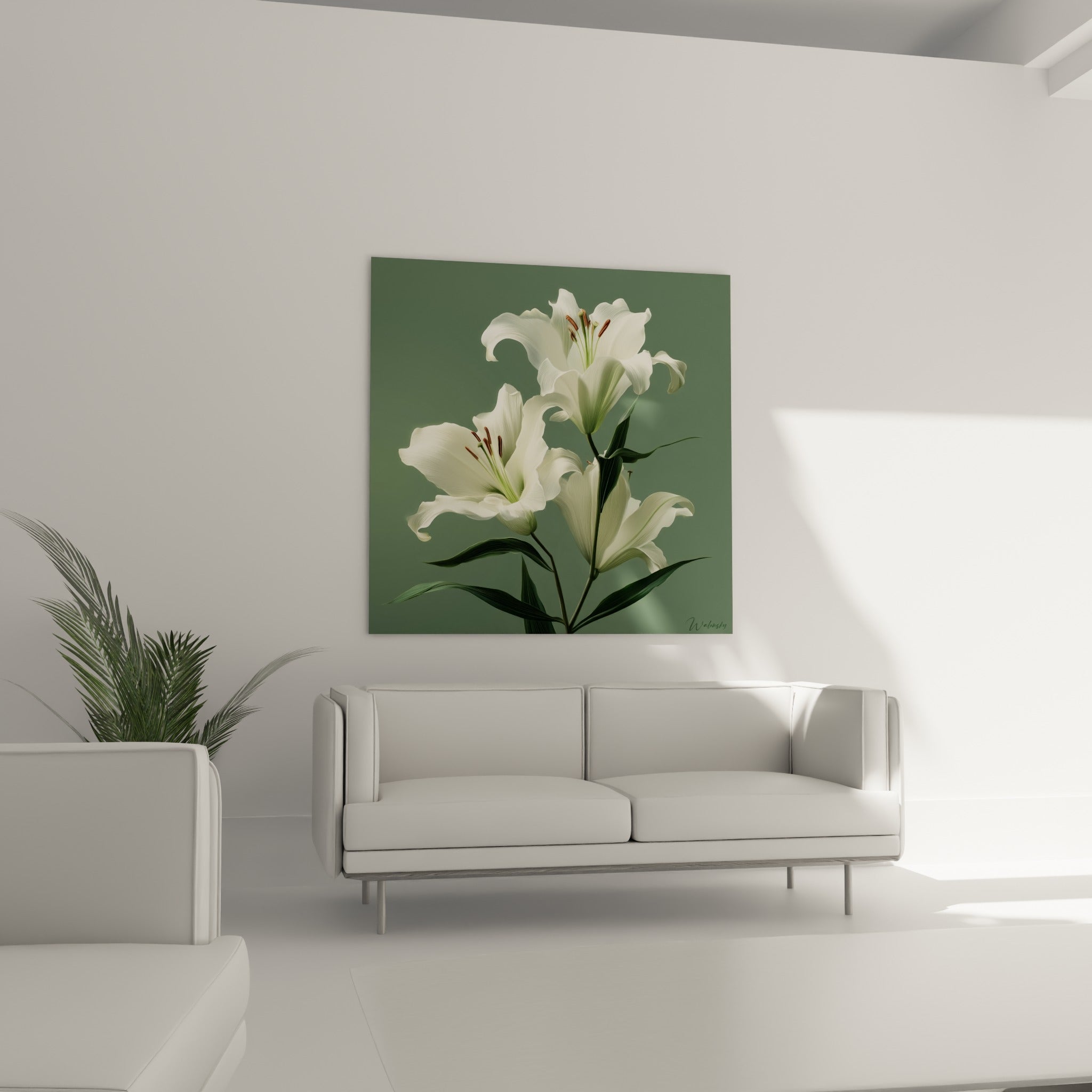 Pétales de lys blanc nacré et feuilles vertes disposés au-dessus d'un canapé dans un salon lumineux