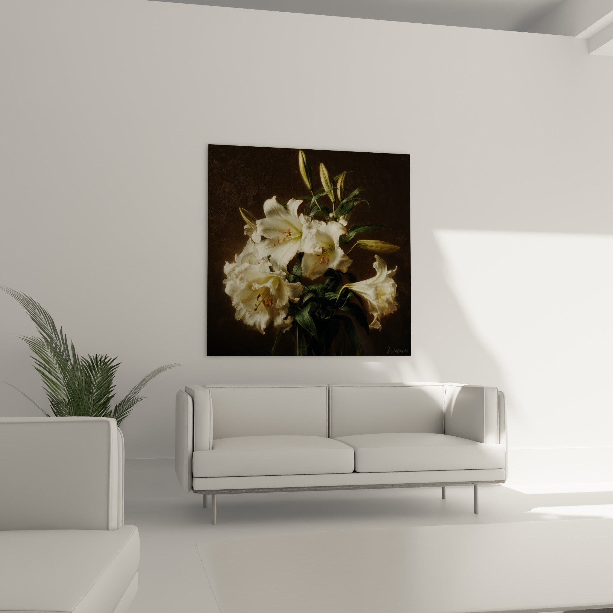 Pétales de lys crème et feuillage vert foncé disposés au-dessus d'un canapé dans un salon lumineux