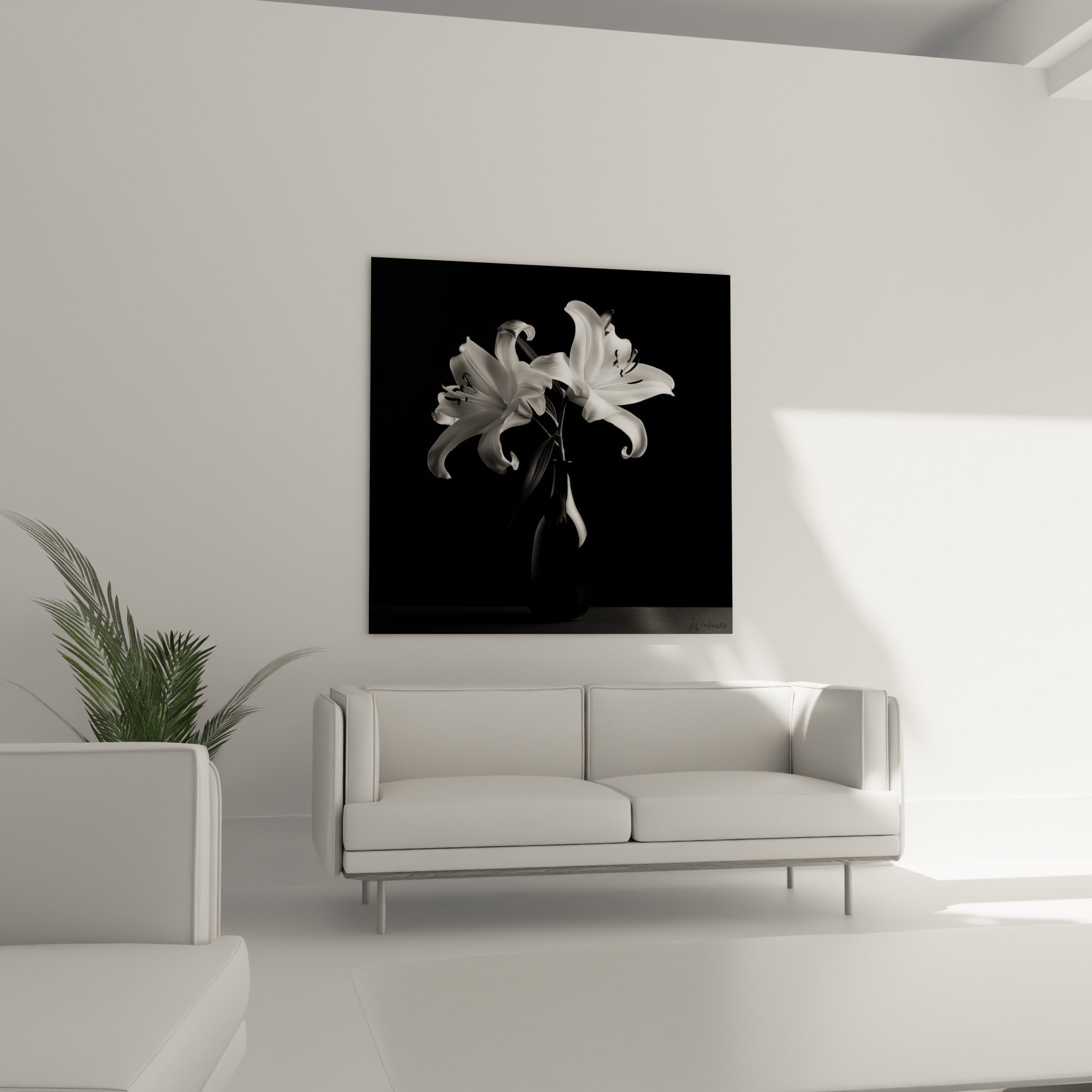 Pétales de lys blancs se détachant sur fond anthracite au-dessus d'un canapé dans un salon lumineux