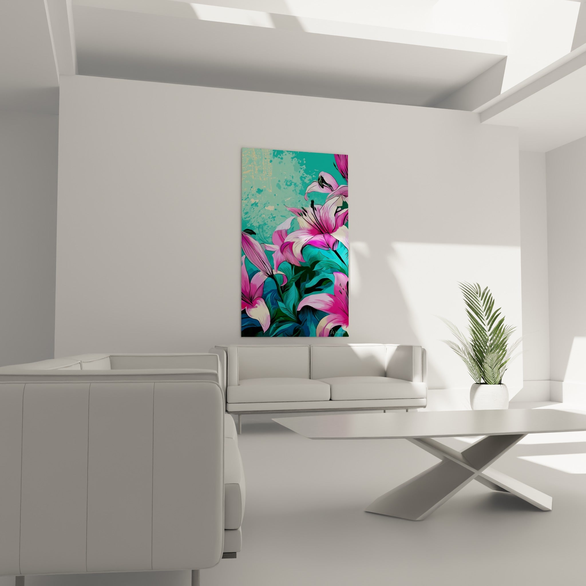 Pétales de lys rose pâle et crème sur fond bleu profond au-dessus d'un canapé dans un salon lumineux
