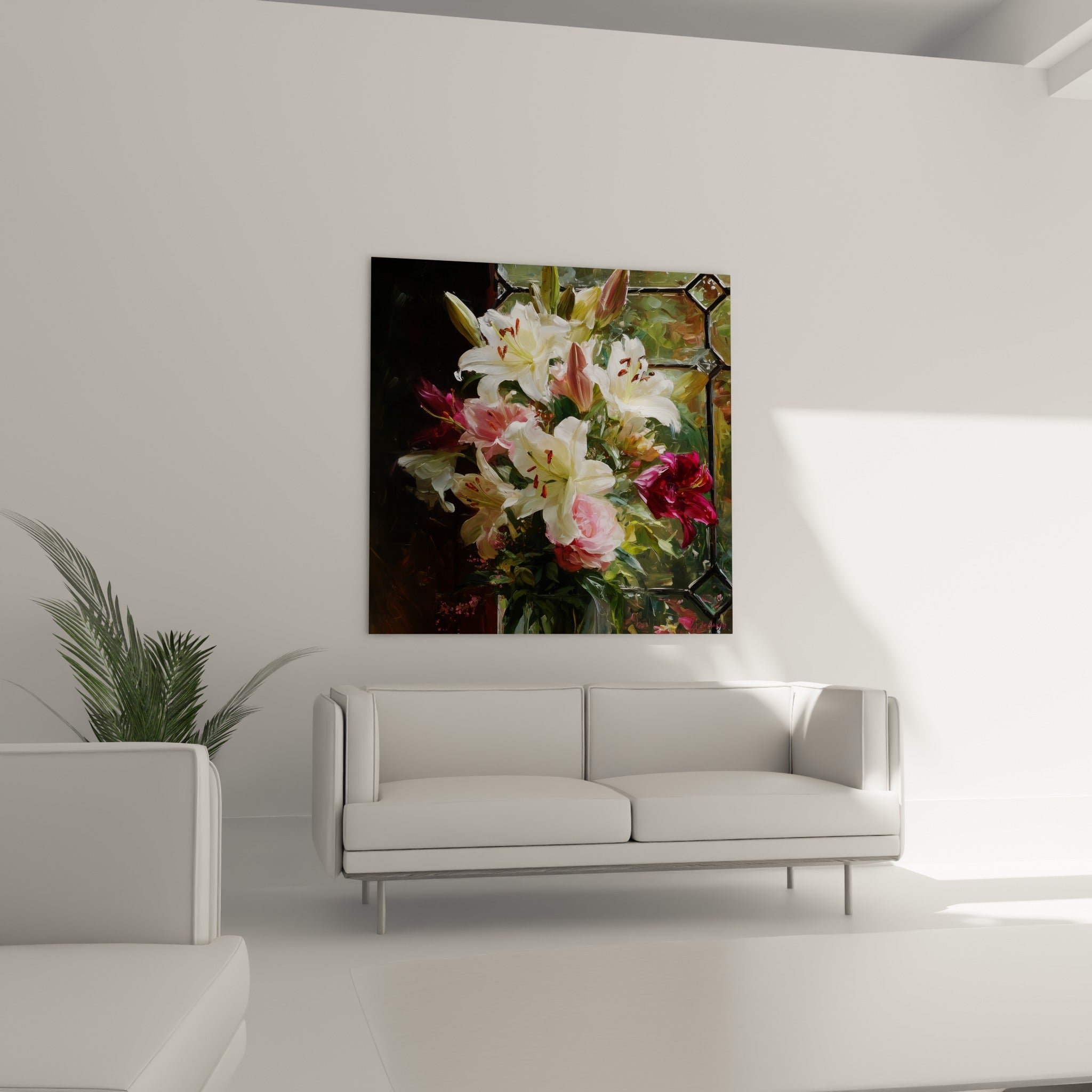 Pétales blancs et roses du lys peints avec relief au-dessus d'un canapé dans un salon lumineux