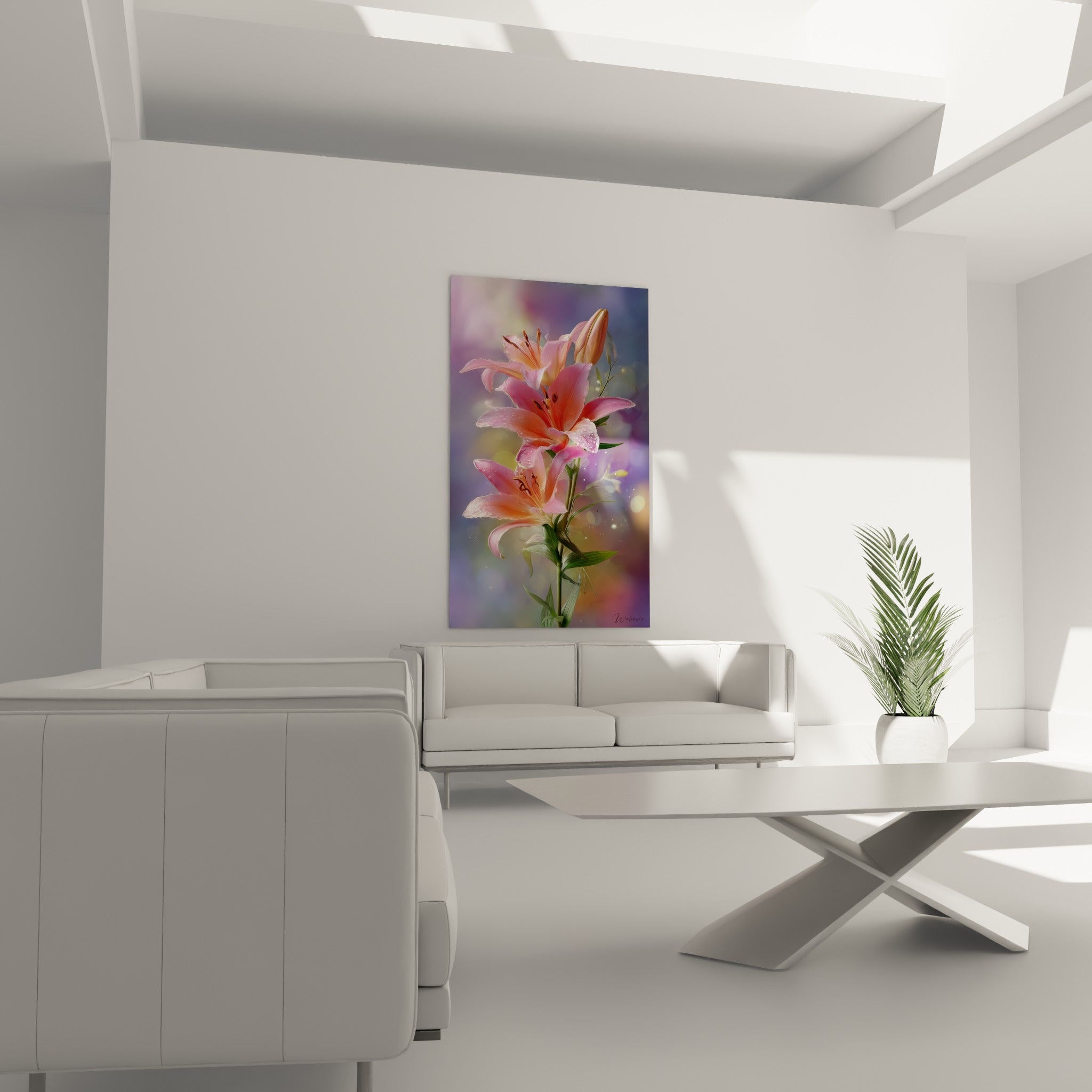 Pétales roses et orangés du lys parsemés de gouttelettes au-dessus d'un canapé dans un salon lumineux