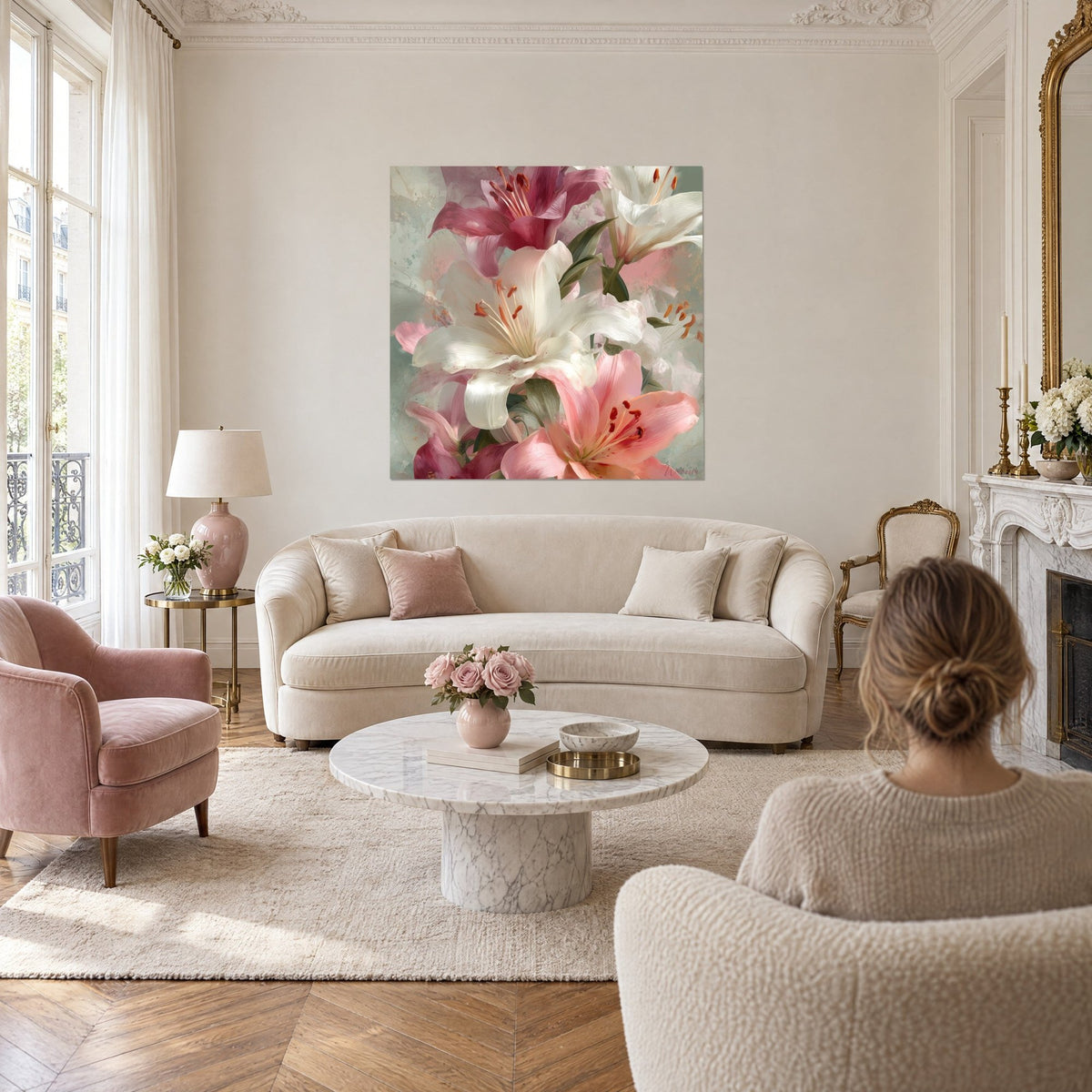 Tableau bouquet de lys blancs et roses aux pistils orangés, fond vert-de-gris, au-dessus d'un canapé dans un salon lumineux