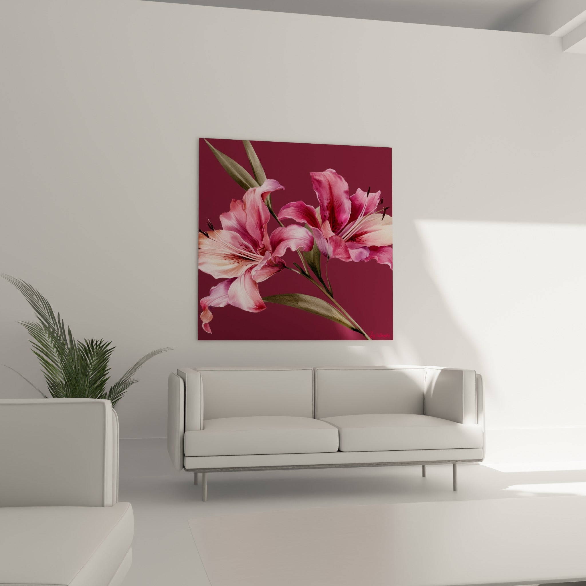 Bouquet de lys pourpre et rose vif, disposé au-dessus d'un canapé dans un salon lumineux
