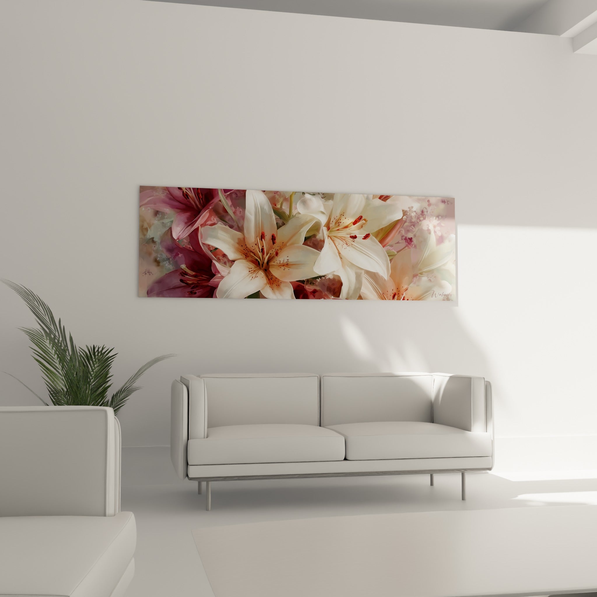 Fleurs de lys crème et pourpre disposées au-dessus d'un canapé dans un salon lumineux