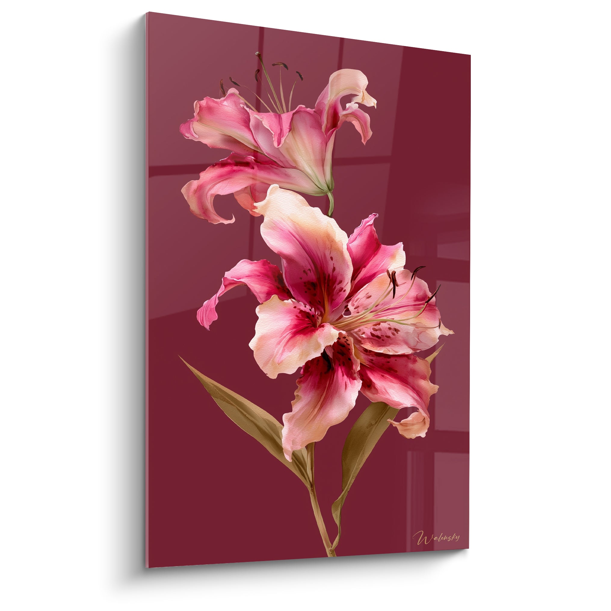 Lys aux pétales rose vif et crème sur fond bordeaux profond, style aquarelle délicat