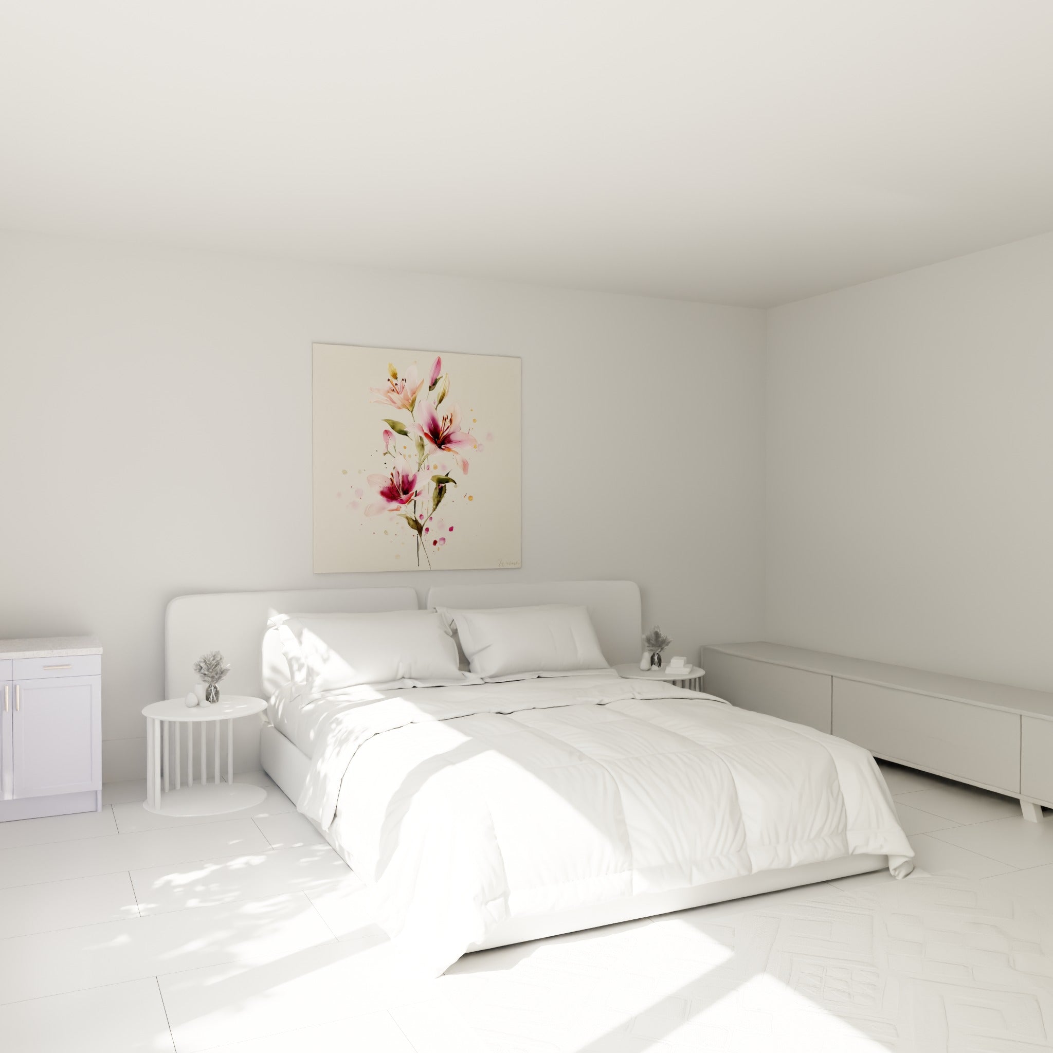 Bouquet de lys rose et bordeaux, pétales délicats, au-dessus d'un lit dans une chambre claire