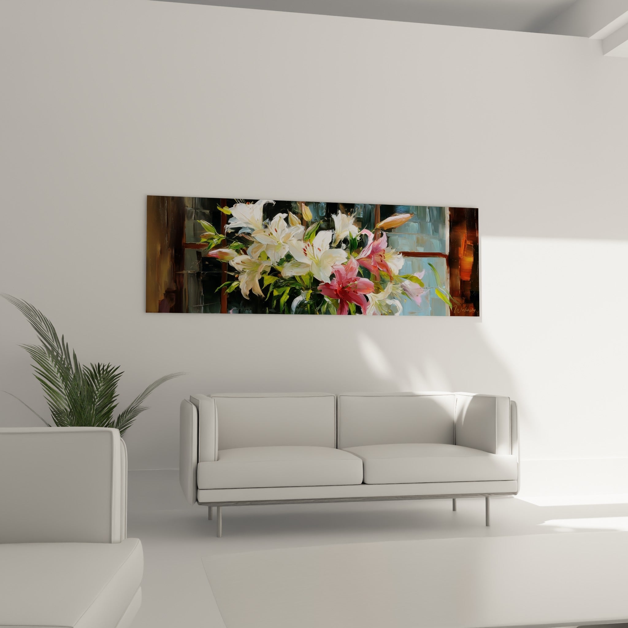 Lys roses et blancs entourés de feuillage vert olive, au-dessus d'un canapé dans un salon lumineux