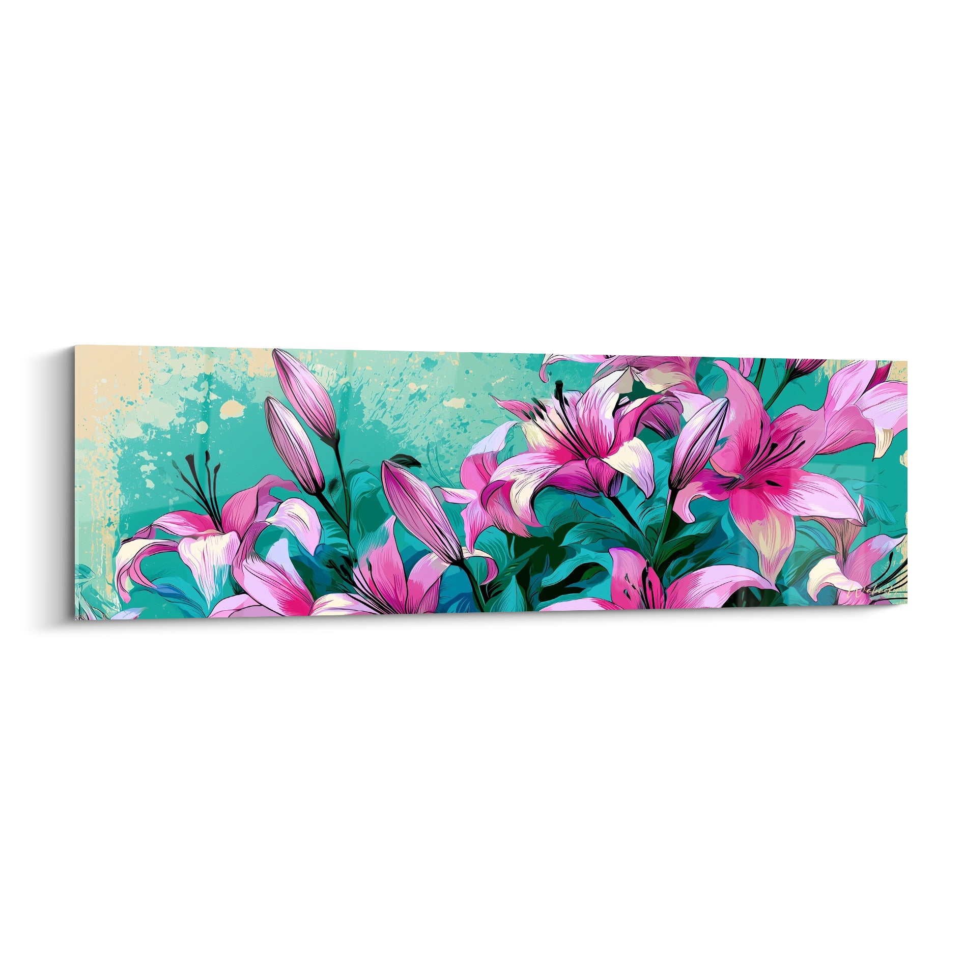Lys roses et blancs déployés sur fond turquoise éclaboussé de jaune, style graphique intense