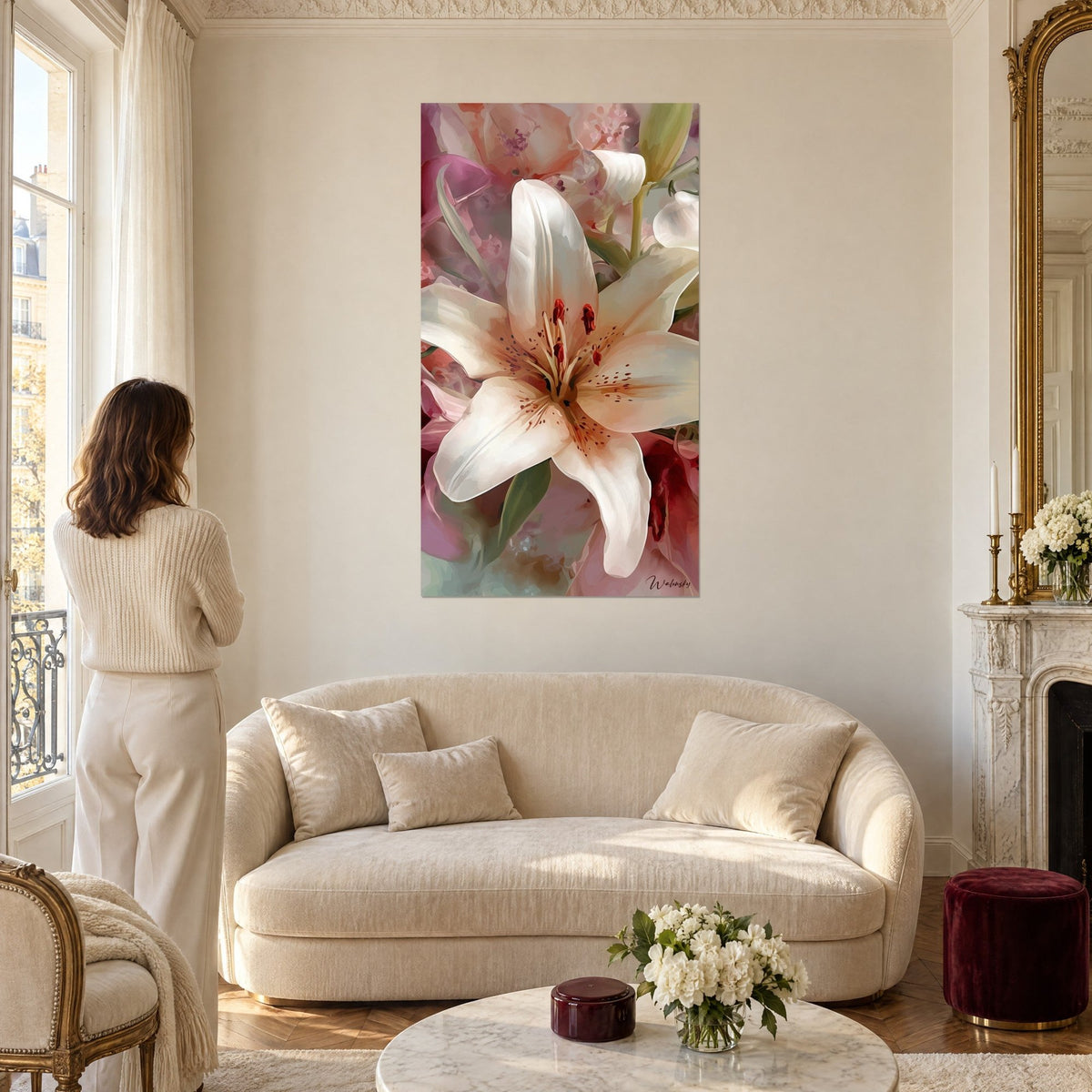 Tableau grand lys blanc crème aux étamines rouges mouchetées, pétales rosés, femme de dos, au-dessus d'un canapé dans un salon lumineux