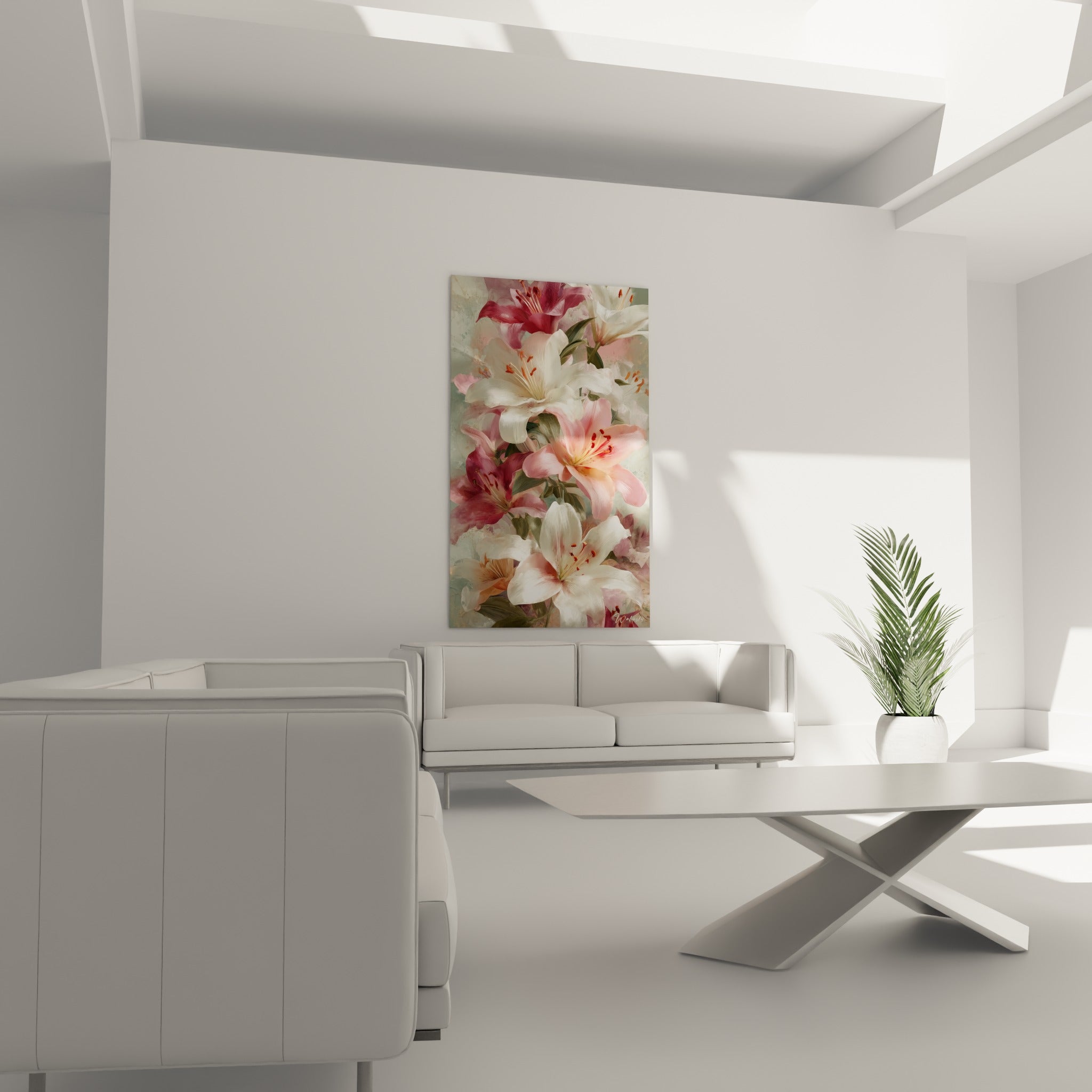 Fleurs de lys rose poudré et blanc crème disposées au-dessus d'un canapé dans un salon lumineux