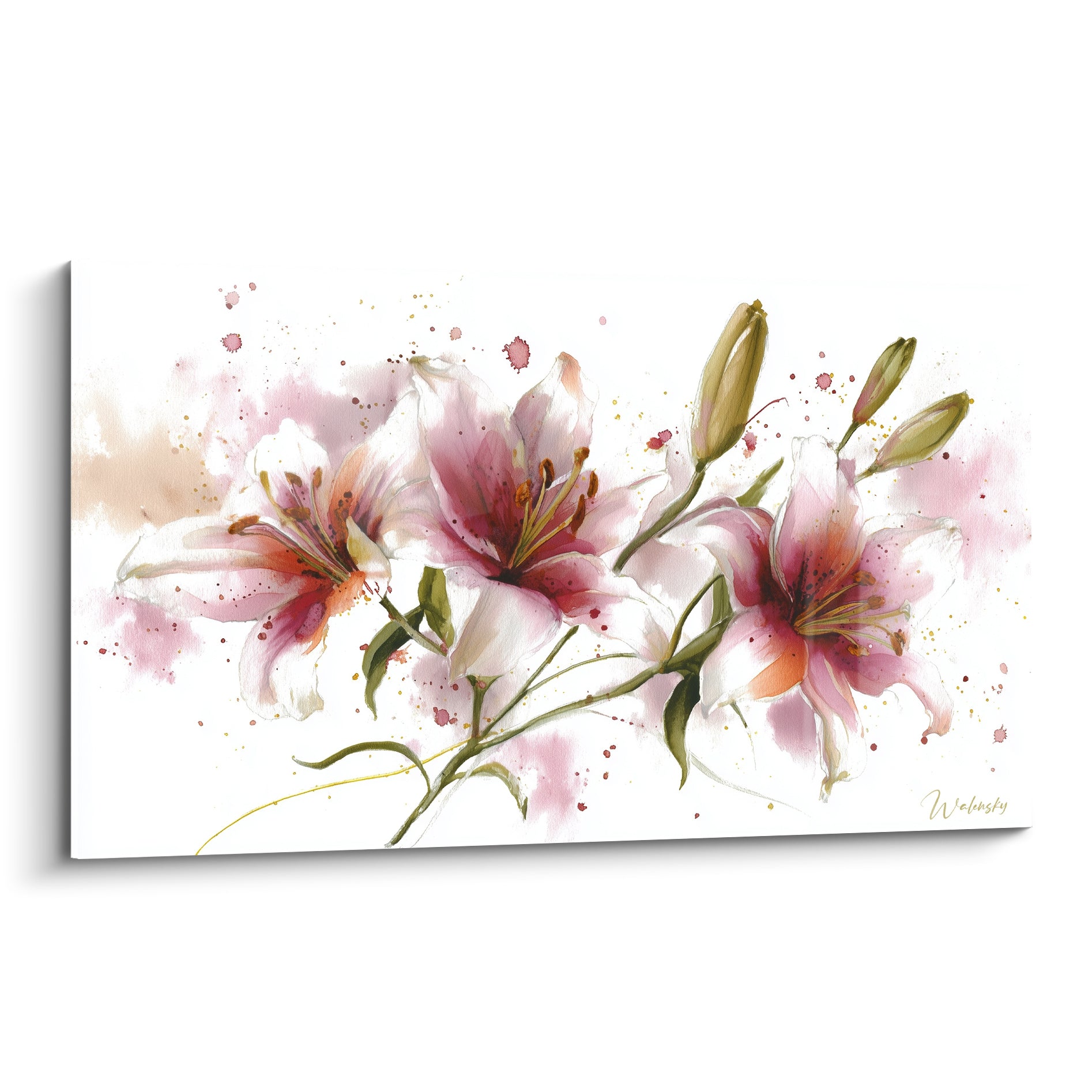 Lys roses et blancs peints à l'aquarelle avec éclaboussures dorées sur fond clair