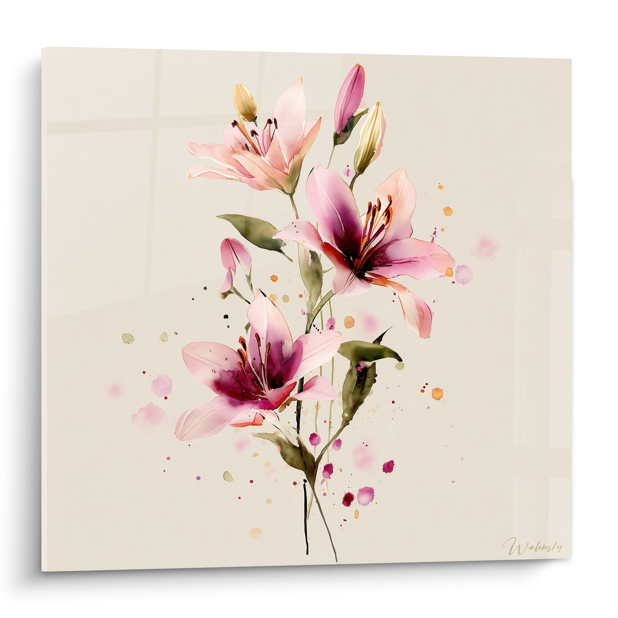 Lys roses et pourpres en aquarelle, tiges vertes, éclaboussures dorées sur fond ivoire