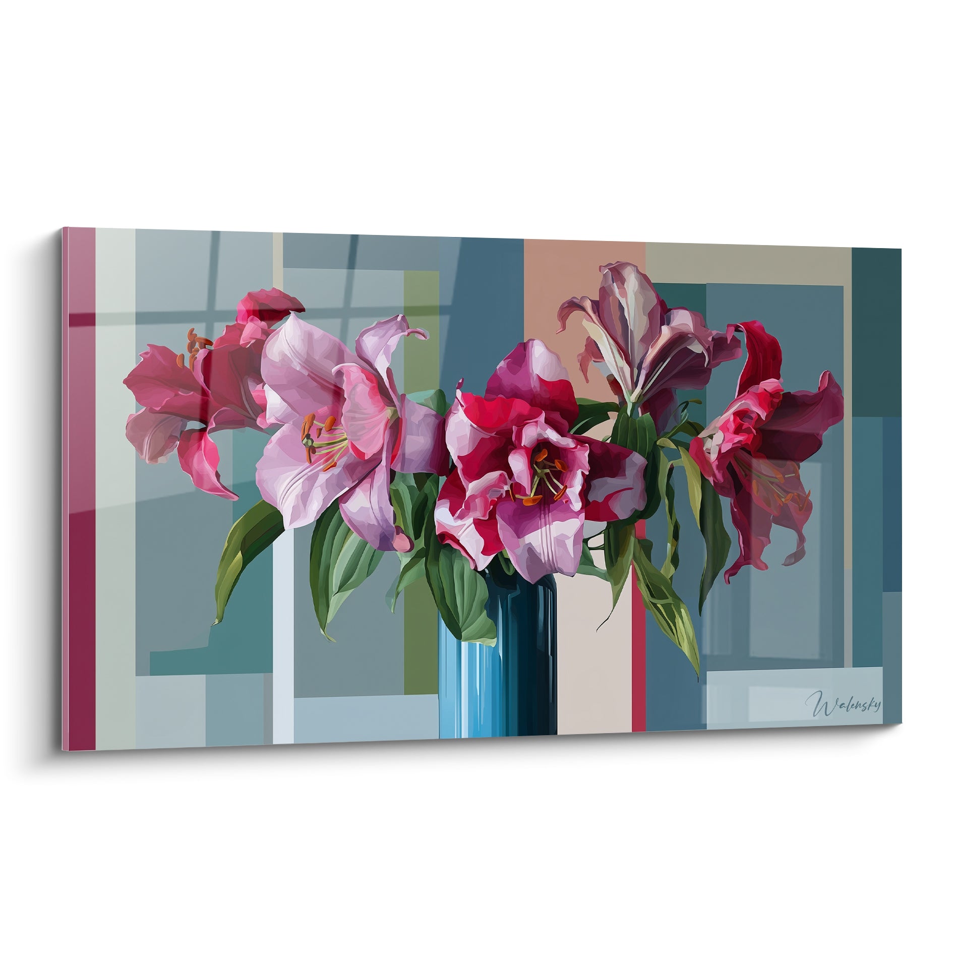 Lys roses et fuchsias déployés devant un fond géométrique bleu ardoise et terracotta