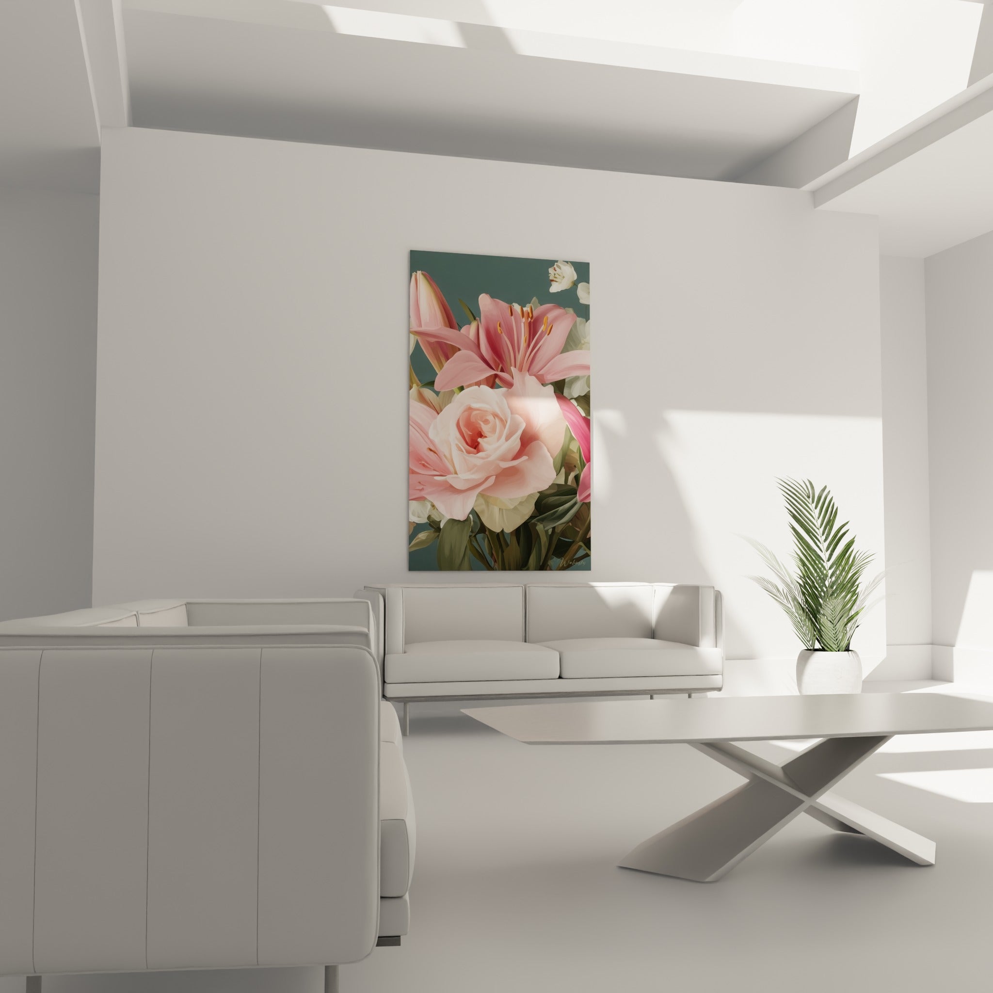 Fleurs de lys roses et pétales veloutés accrochées au-dessus d'un canapé dans un salon lumineux