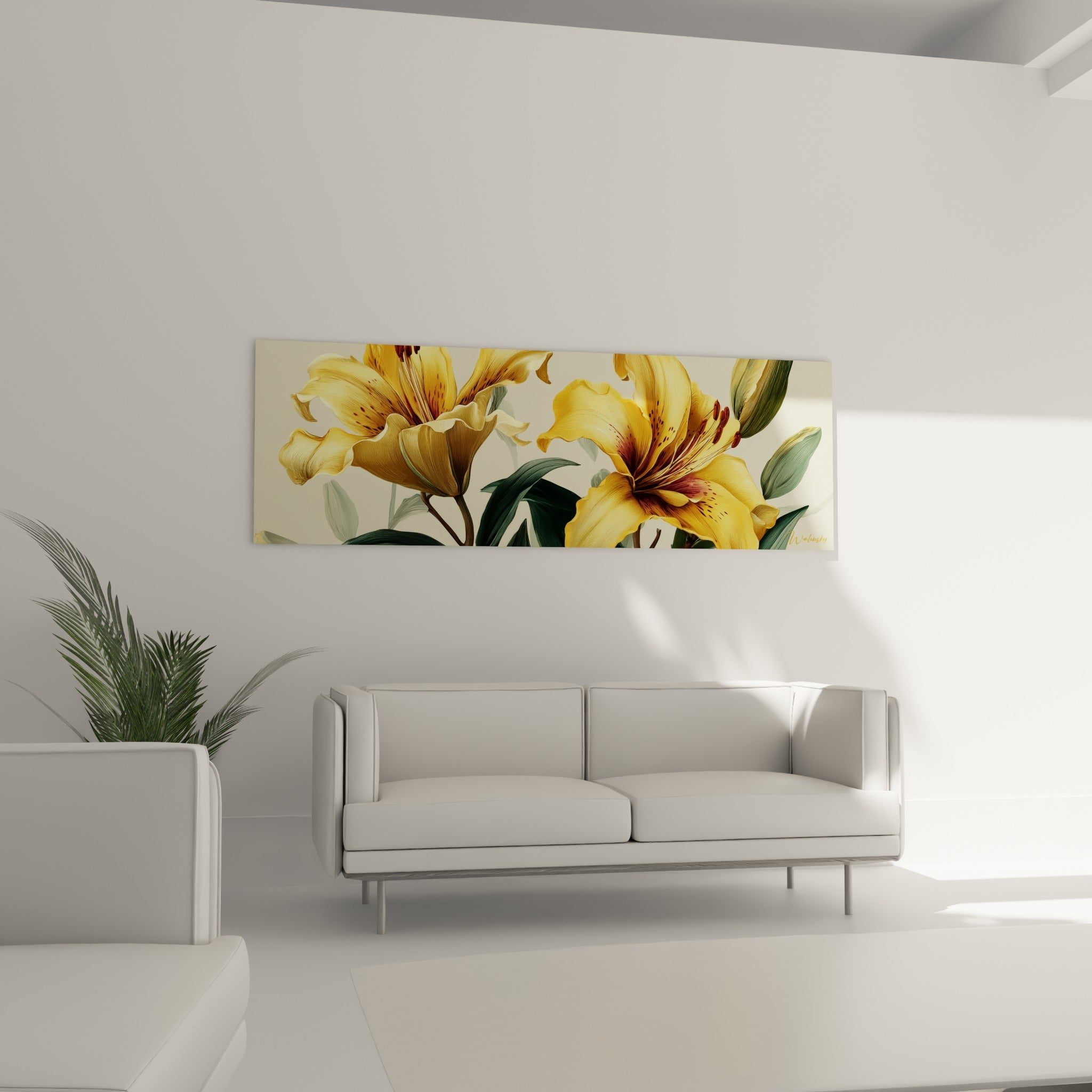 Pétales jaune doré et vert sauge du lys peint au-dessus d'un canapé dans un salon lumineux