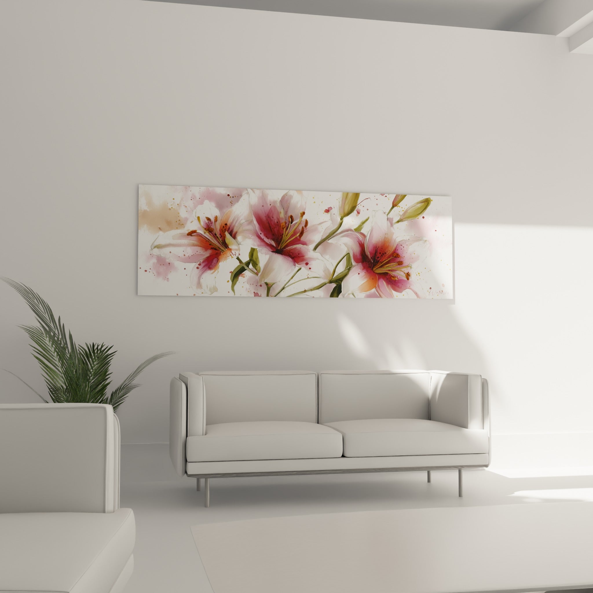 Fleurs de lys aux teintes roses et orangées, au-dessus d'un canapé dans un salon lumineux