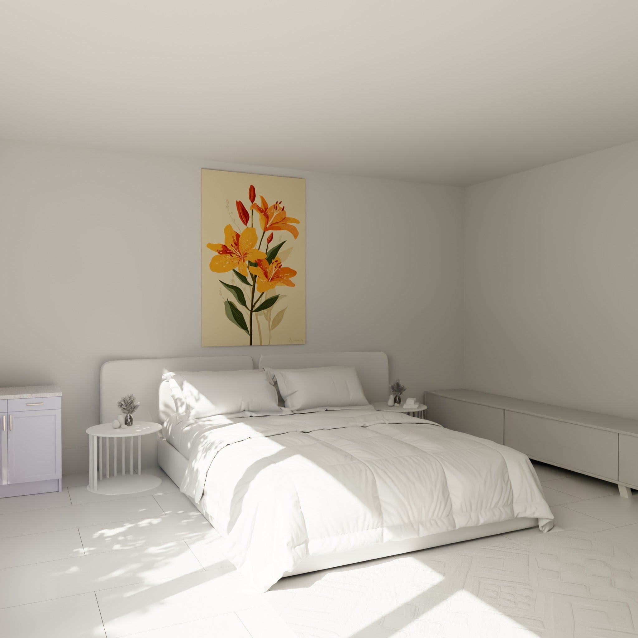 Lys terracotta et orangé aux boutons rouille, accroché au-dessus d'un lit dans une chambre claire