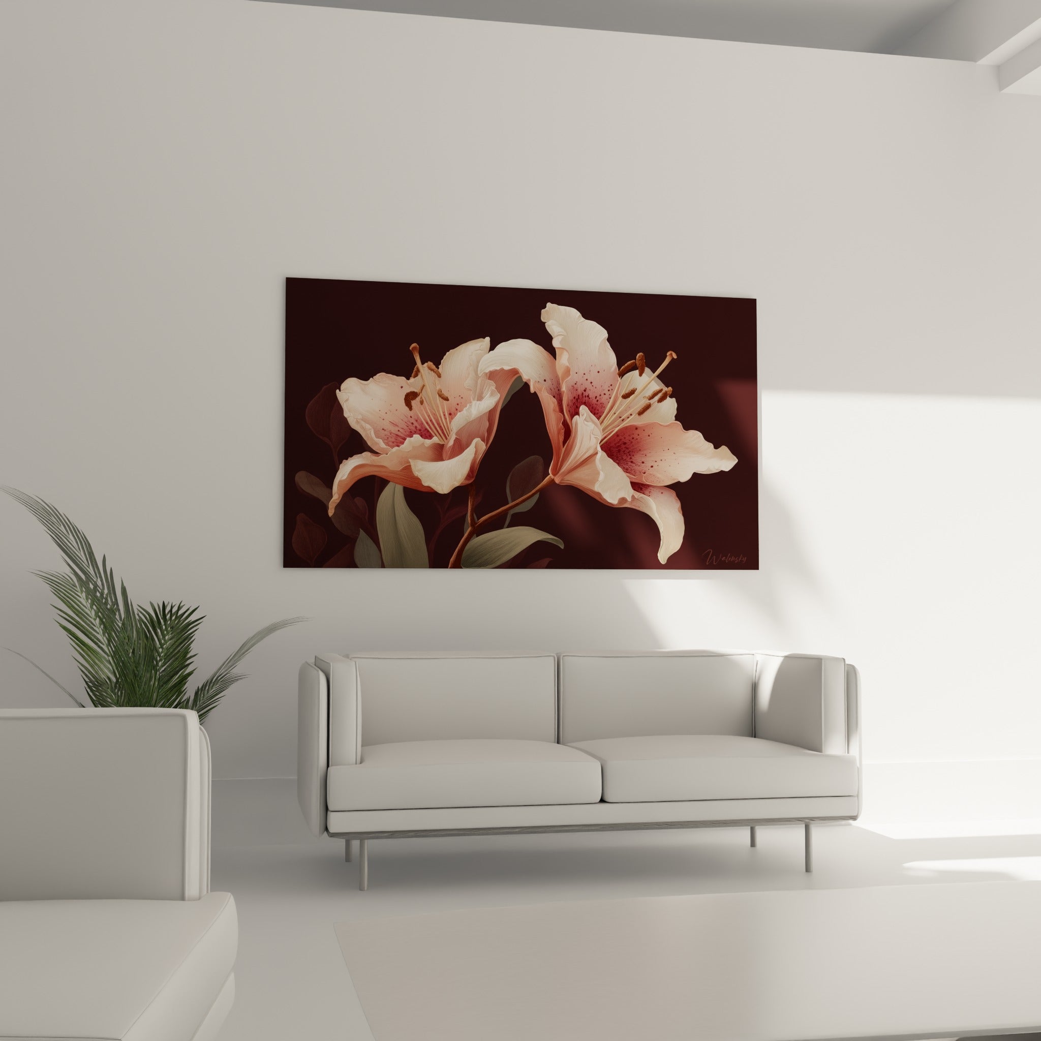 Corolles de lys rose pâle et brun profond entrelacées, disposées au-dessus d'un canapé dans un salon lumineux