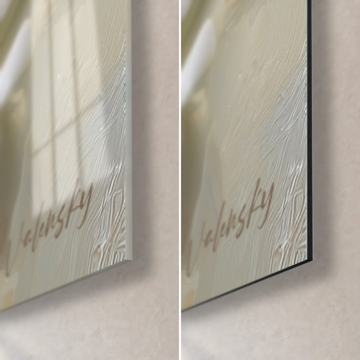 Tableau lis immaculé, coin bas droit : verre acrylique brillant à gauche, Dibond mat à droite, tranche noire de 3 mm, signature dorée