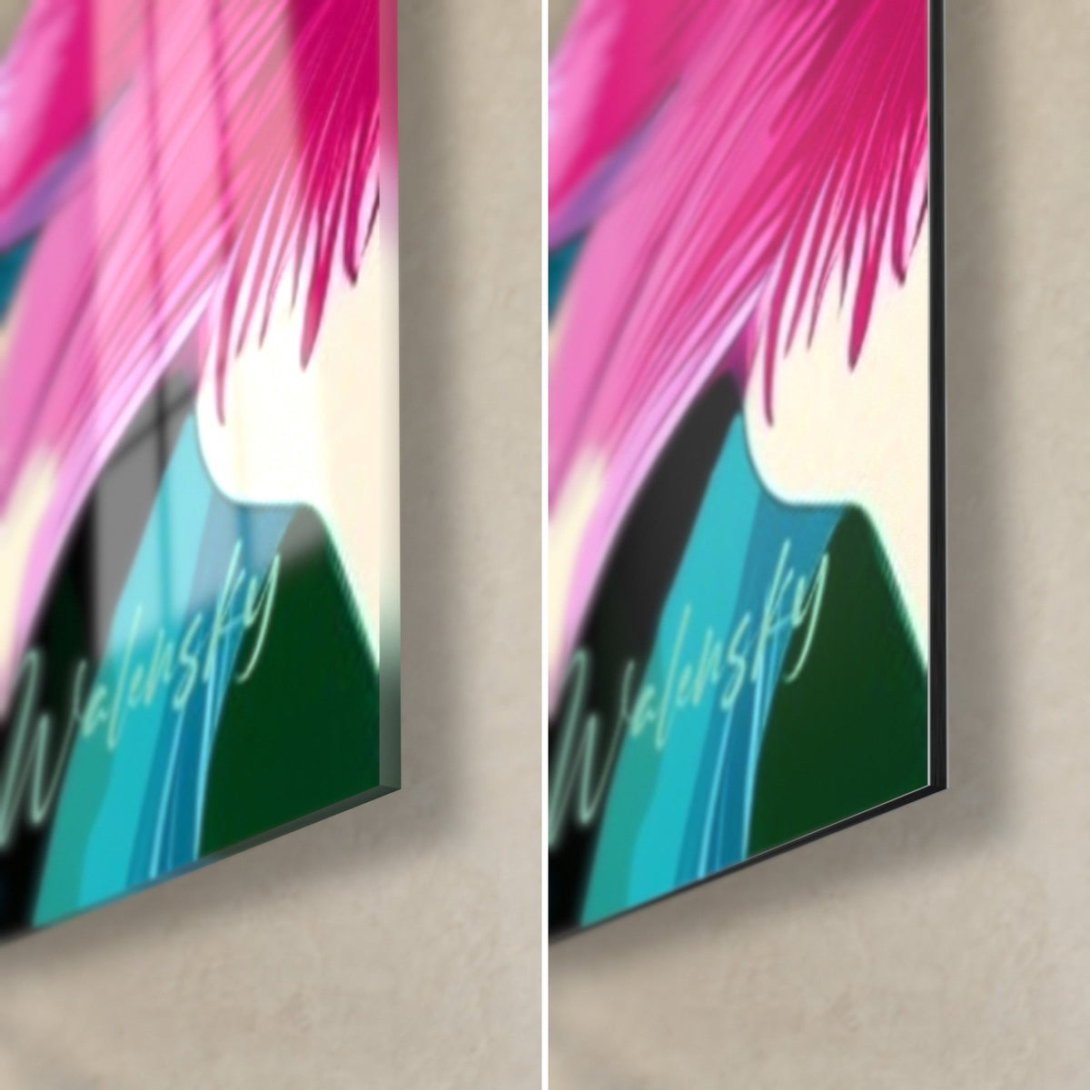 Tableau fleur de lys fuchsia et turquoise, coin bas droit : verre brillant à gauche, alu Dibond mat à droite, tranche de 3 mm