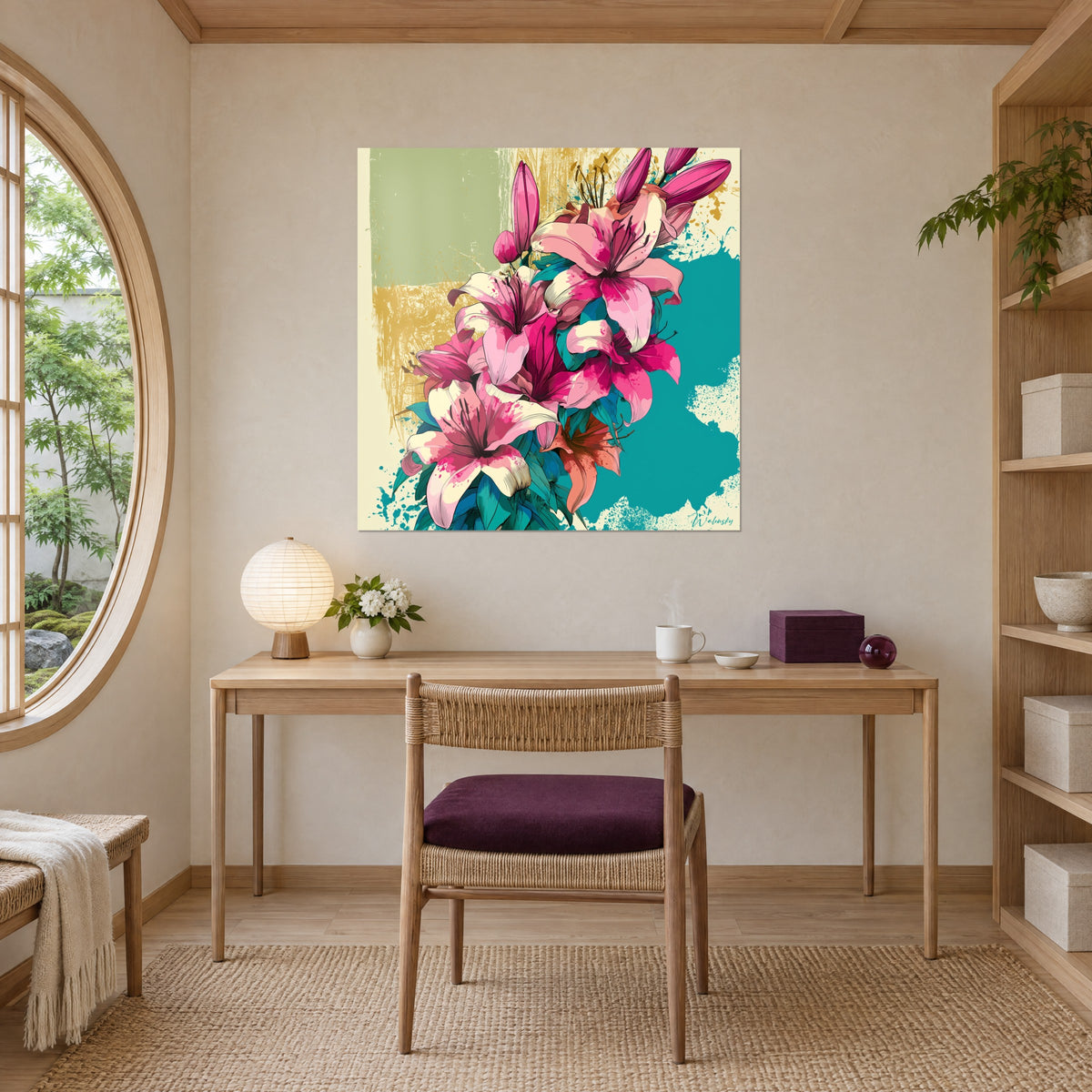 Cuadro lilis rosas con pétalos moteados de fucsia, salpicaduras turquesa y ocre, colgado encima de un escritorio de madera clara