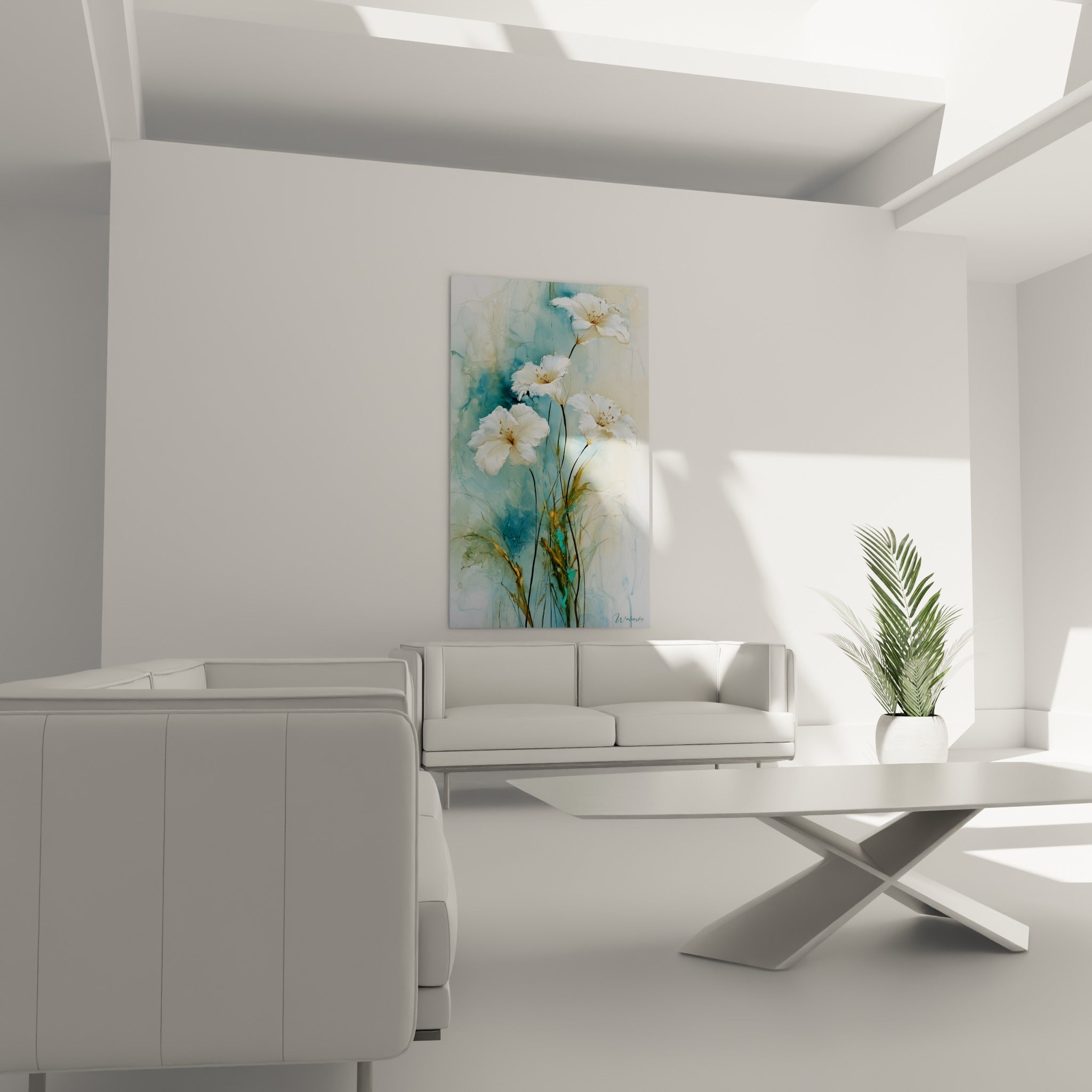 Bouquet de lys blancs sur fond turquoise et doré suspendu au-dessus d'un canapé dans un salon lumineux
