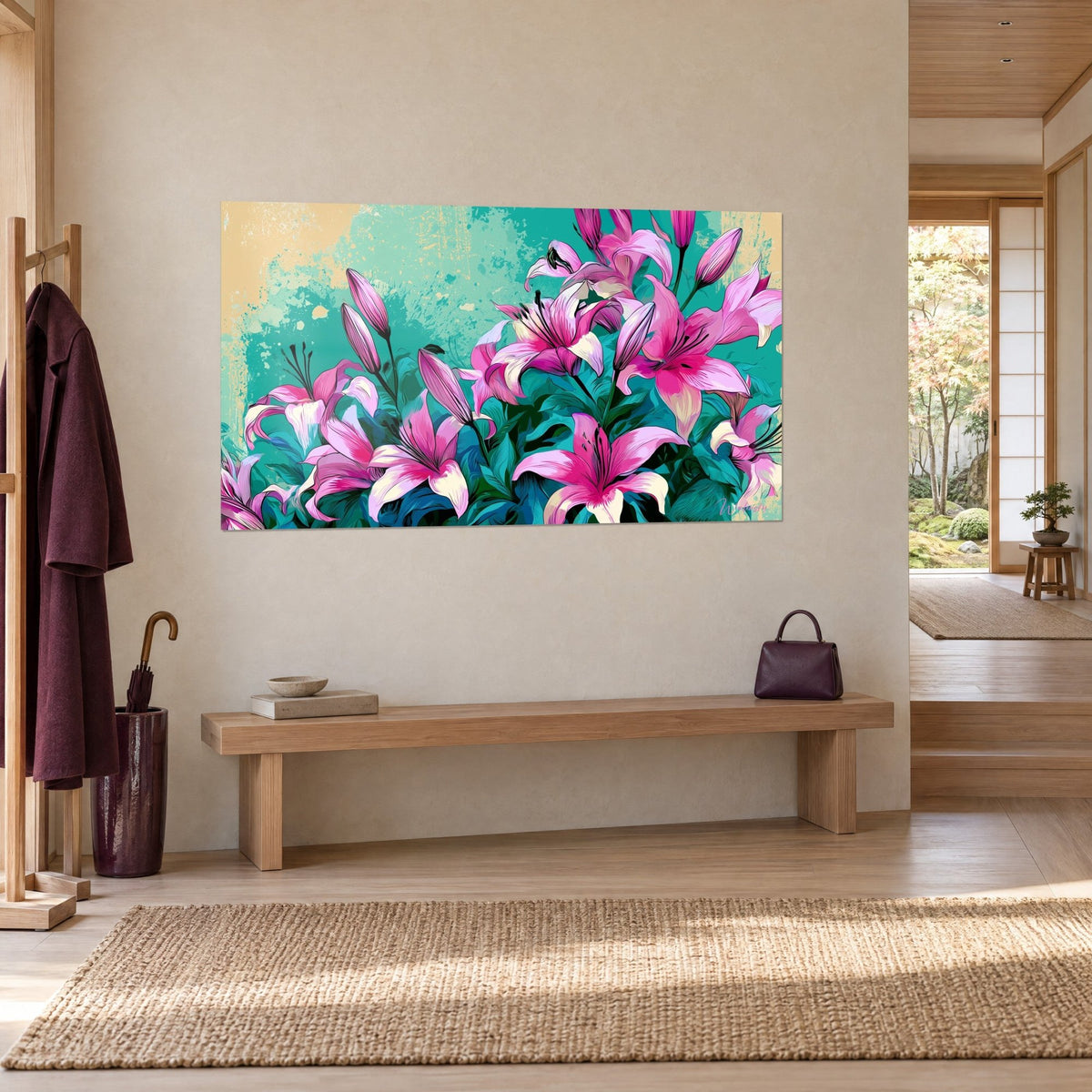 Tableau bouquet de fleurs fuchsia et turquoise, boutons allongés et feuillage vert profond, sur un mur japandi