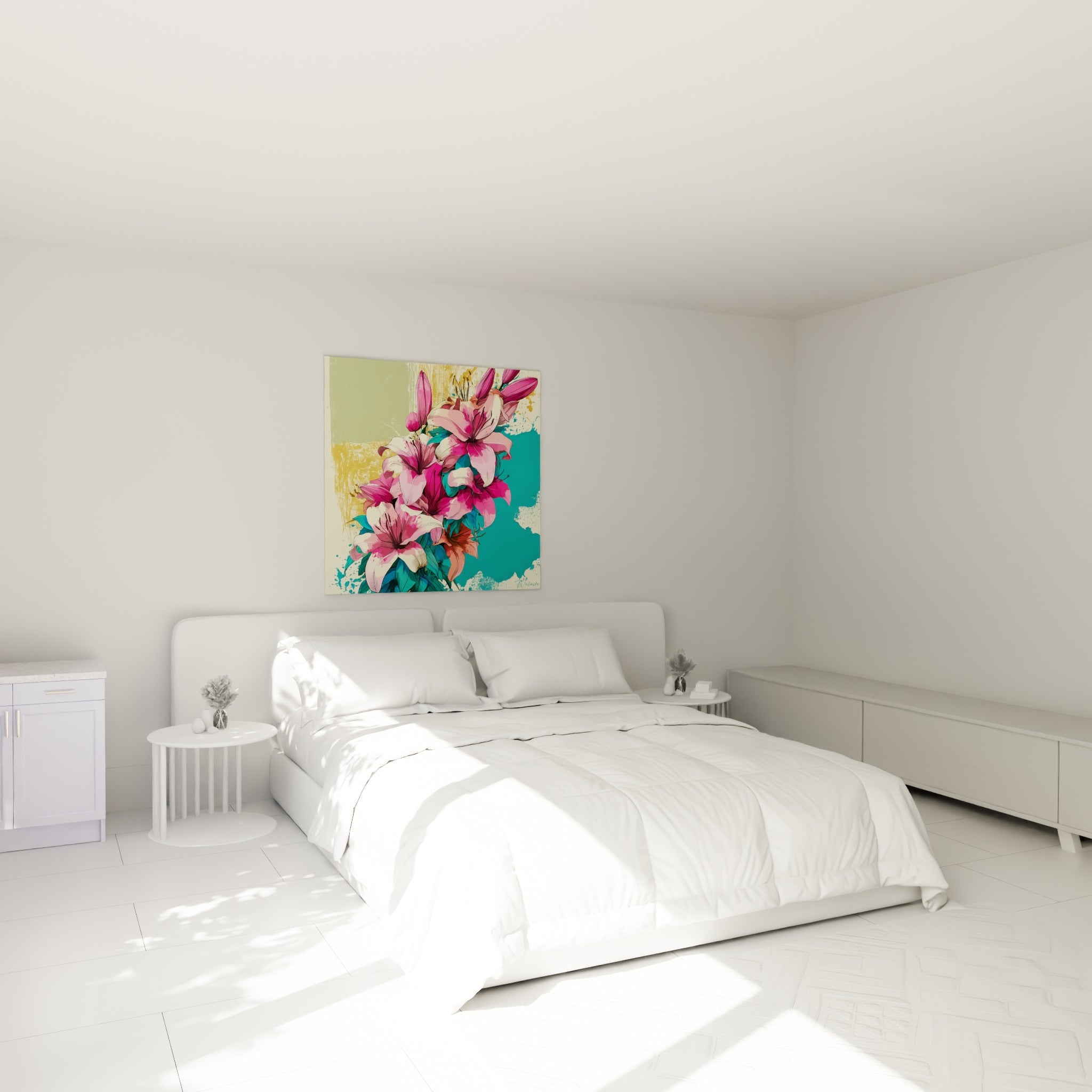 Fleurs de lys fuchsia et crème peintes sur fond vert sauge et doré, au-dessus d'un lit dans une chambre claire