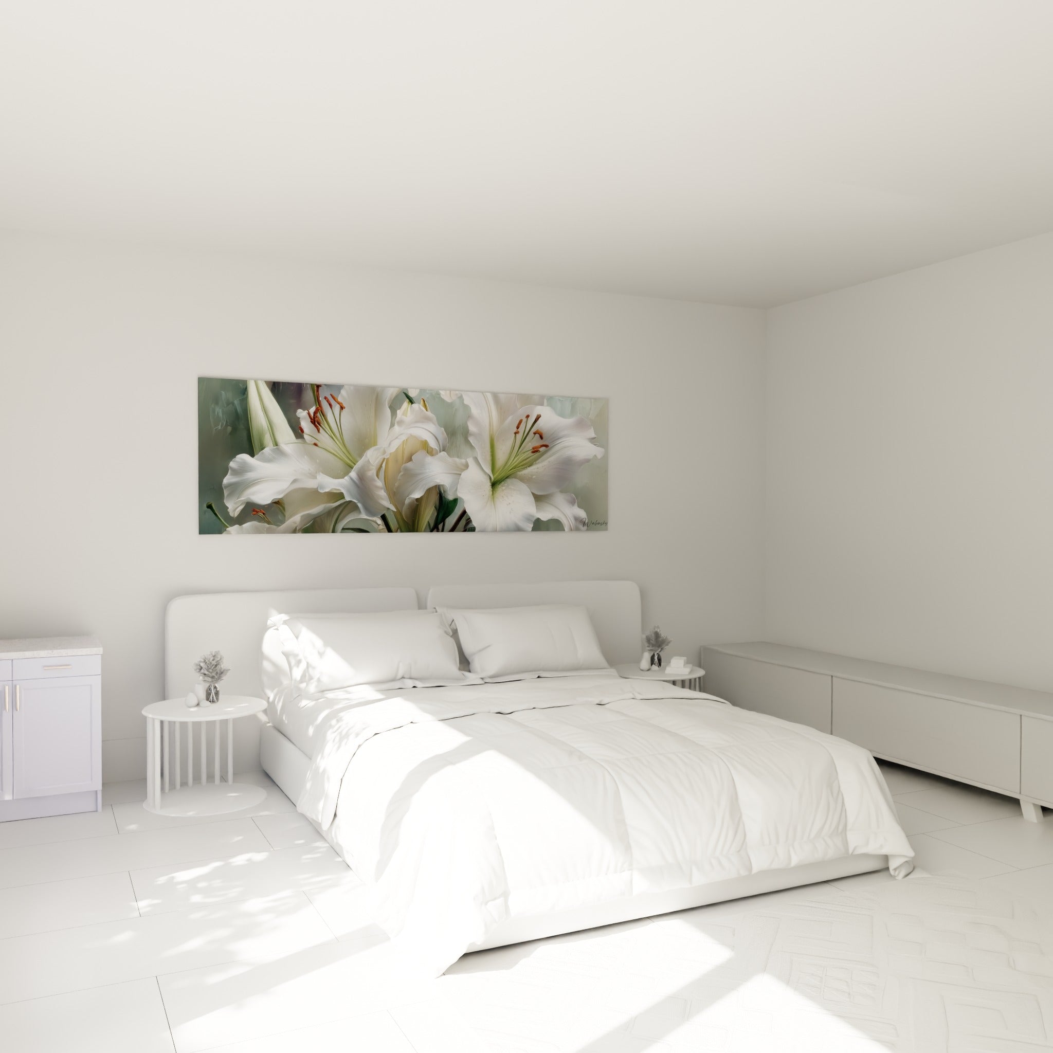 Bouquet de lys blanc crème et vert sauge accroché au-dessus d'un lit dans une chambre claire