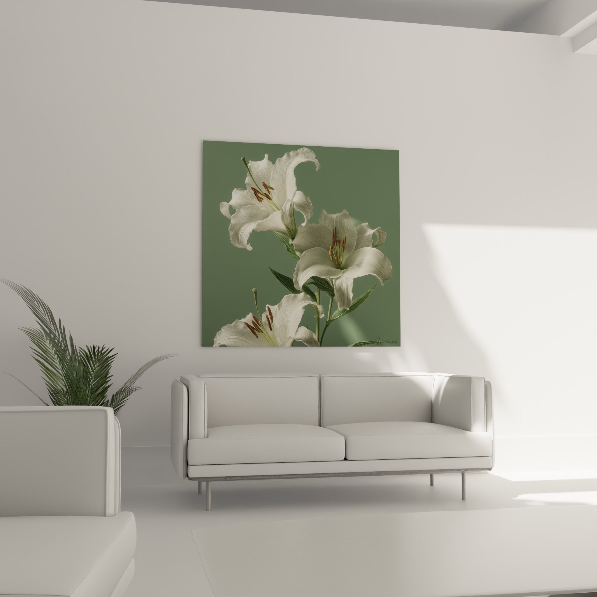 Bouquet de lys blancs à fond vert sauge suspendu au-dessus d'un canapé dans un salon lumineux