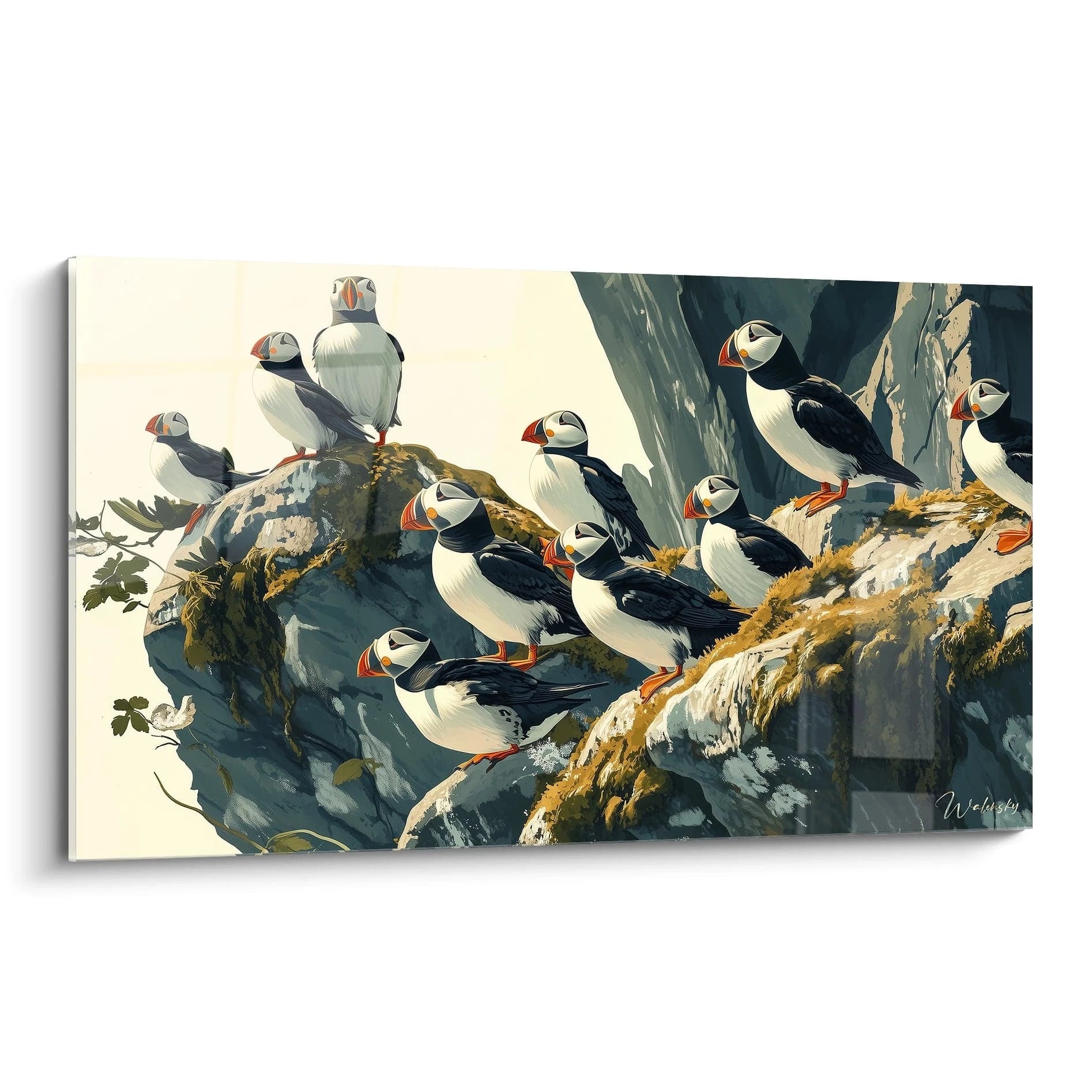 Tableau macareux Walensky représentant un groupe de macareux sur des rochers détaillés