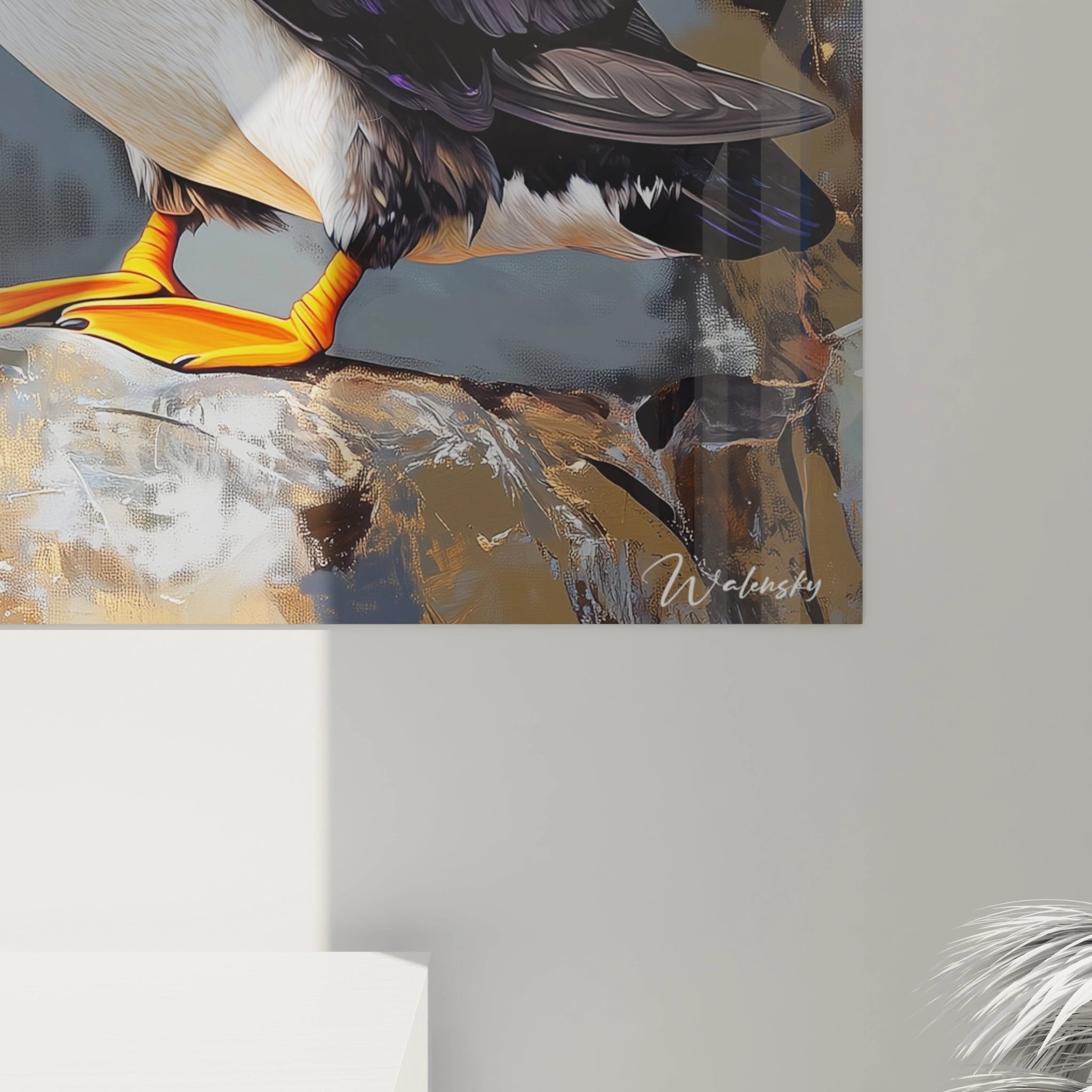 Tableau macareux coloré signé Walensky avec détails réalistes sur un fond abstrait