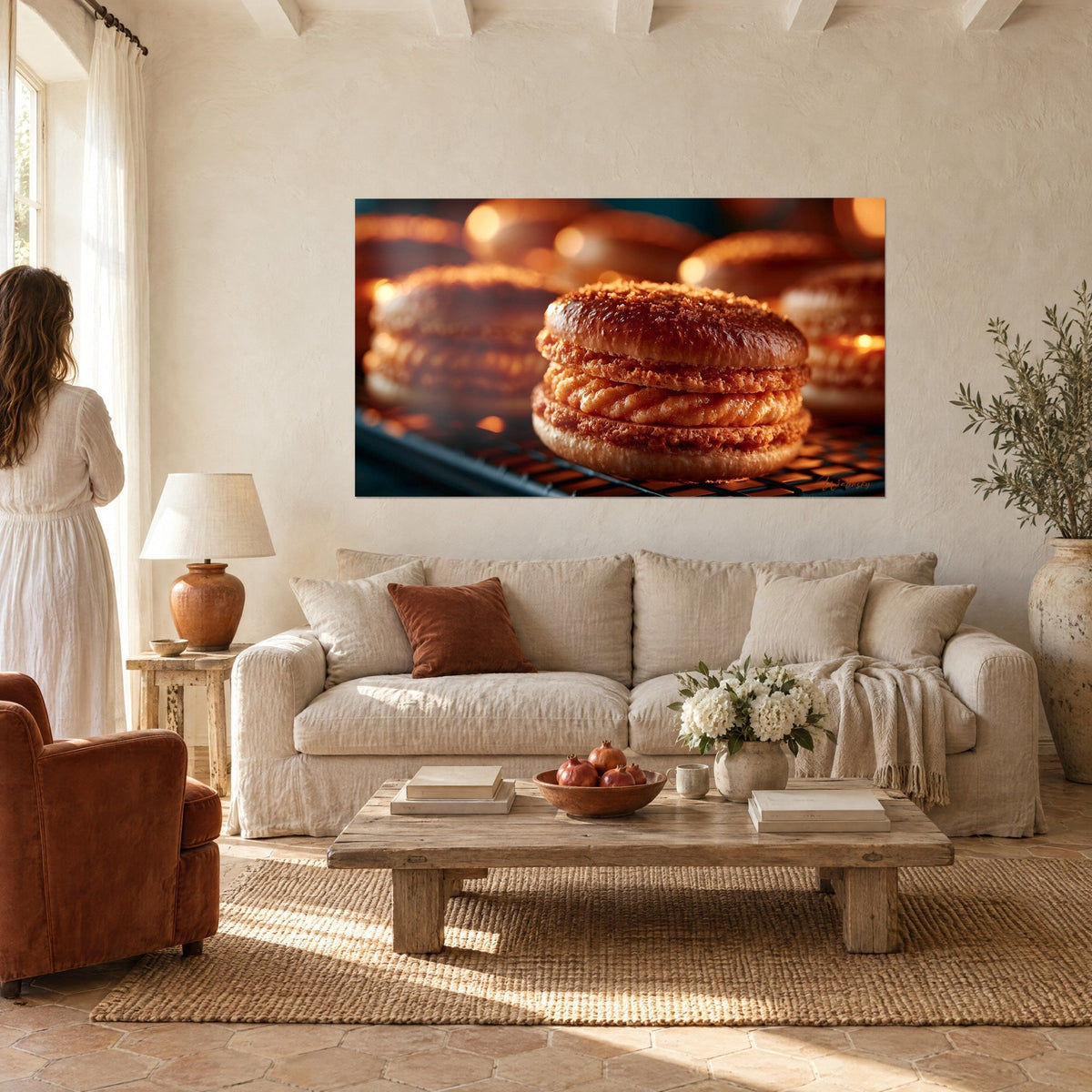 Cuadro Macarrón de caramelo dorado sobre su rejilla, costra azucarada y crema ambarina, encima de un sofá en un salón luminoso