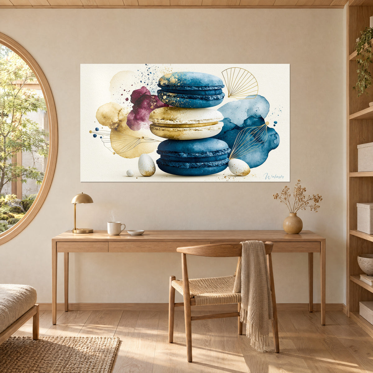 Gemälde mit goldenen und mitternachtsblauen Macarons, mit Gold umrandete Blattadern, bordeauxrosa Flecken, über einem Schreibtisch aus hellem Holz gehängt
