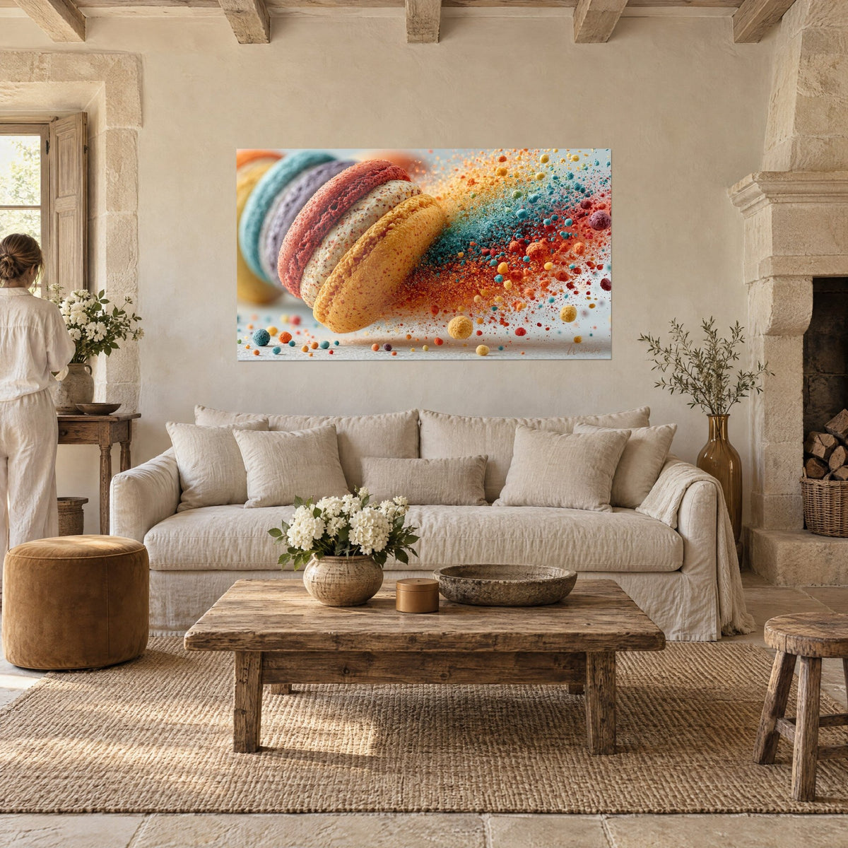 Tableau macaron jaune et rouge qui se désagrège en poudre turquoise et orange, regardé de dos, au-dessus d'un canapé dans un salon lumineux