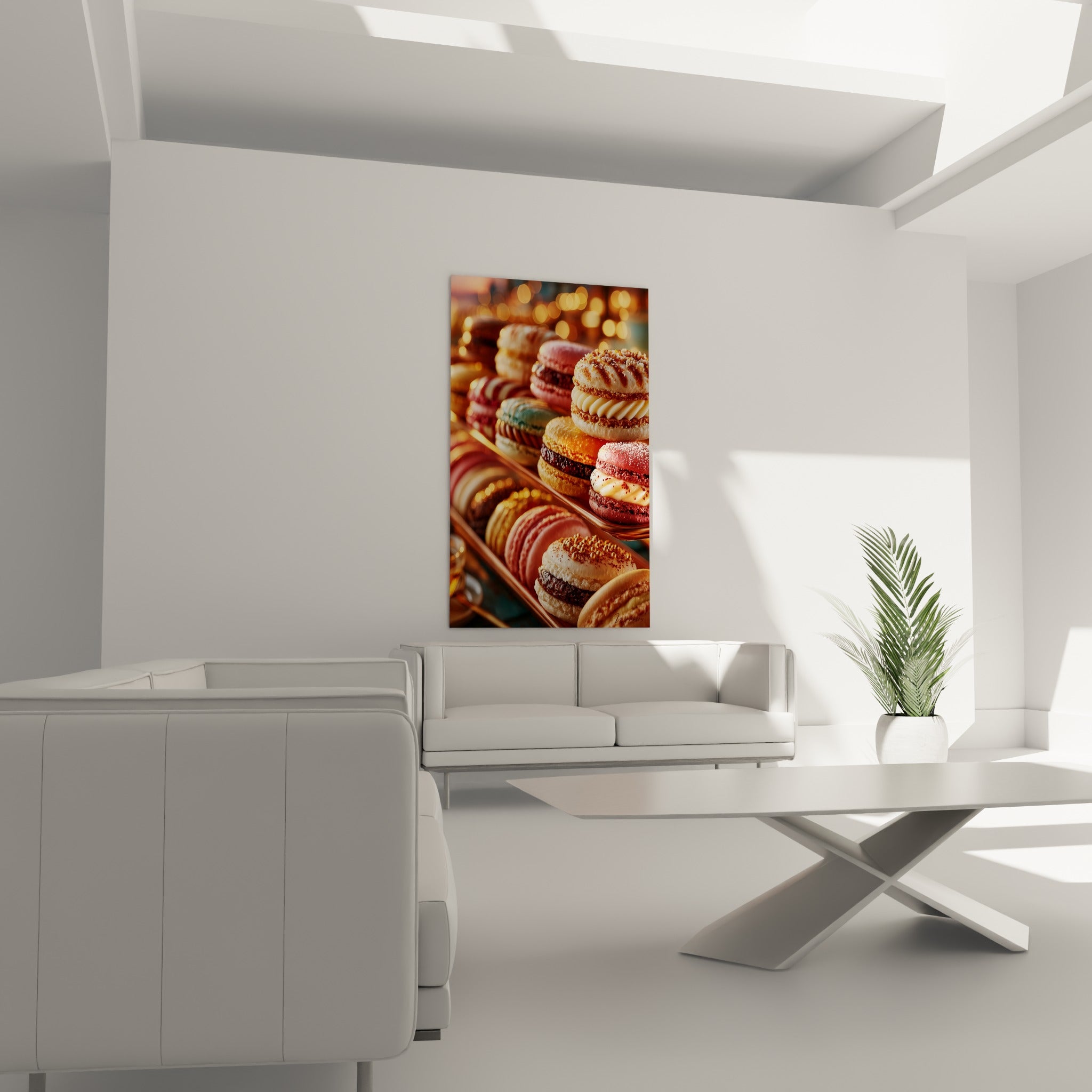 Pâtisseries colorées rose poudré et crème disposées au-dessus d'un canapé dans un salon lumineux