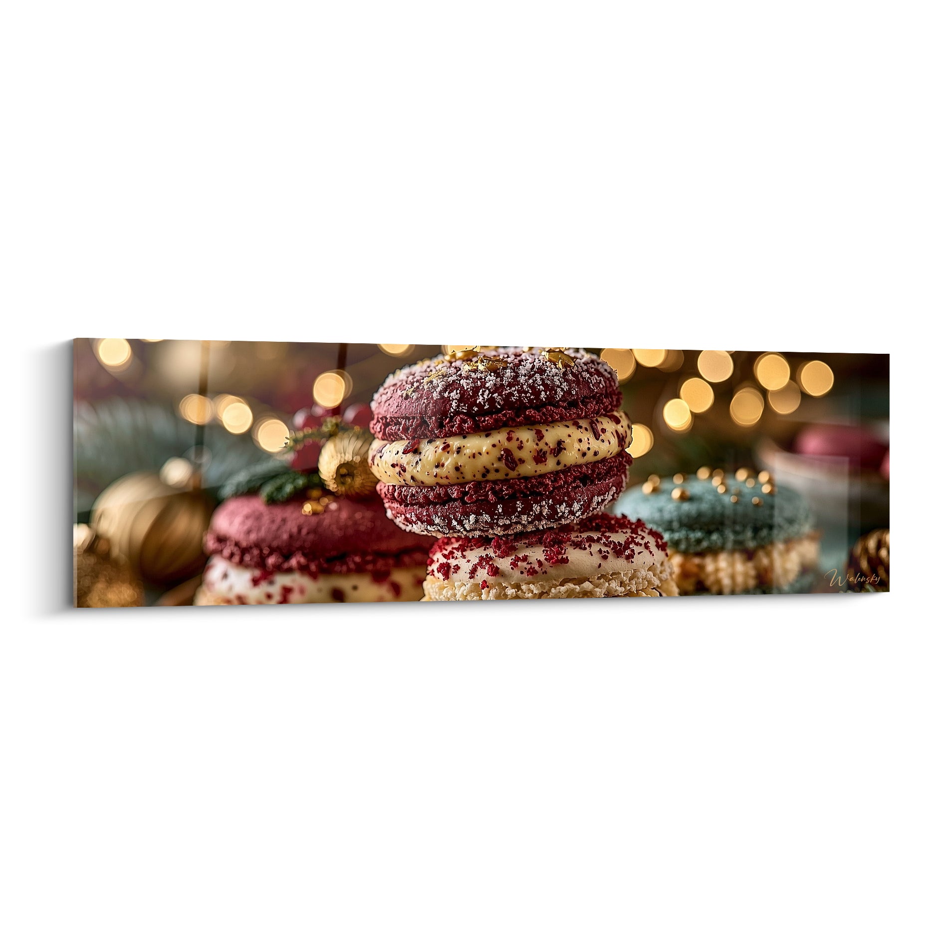 Macarons empilés bordeaux et crème, saupoudrés de dorures, lumières dorées floutées en fond